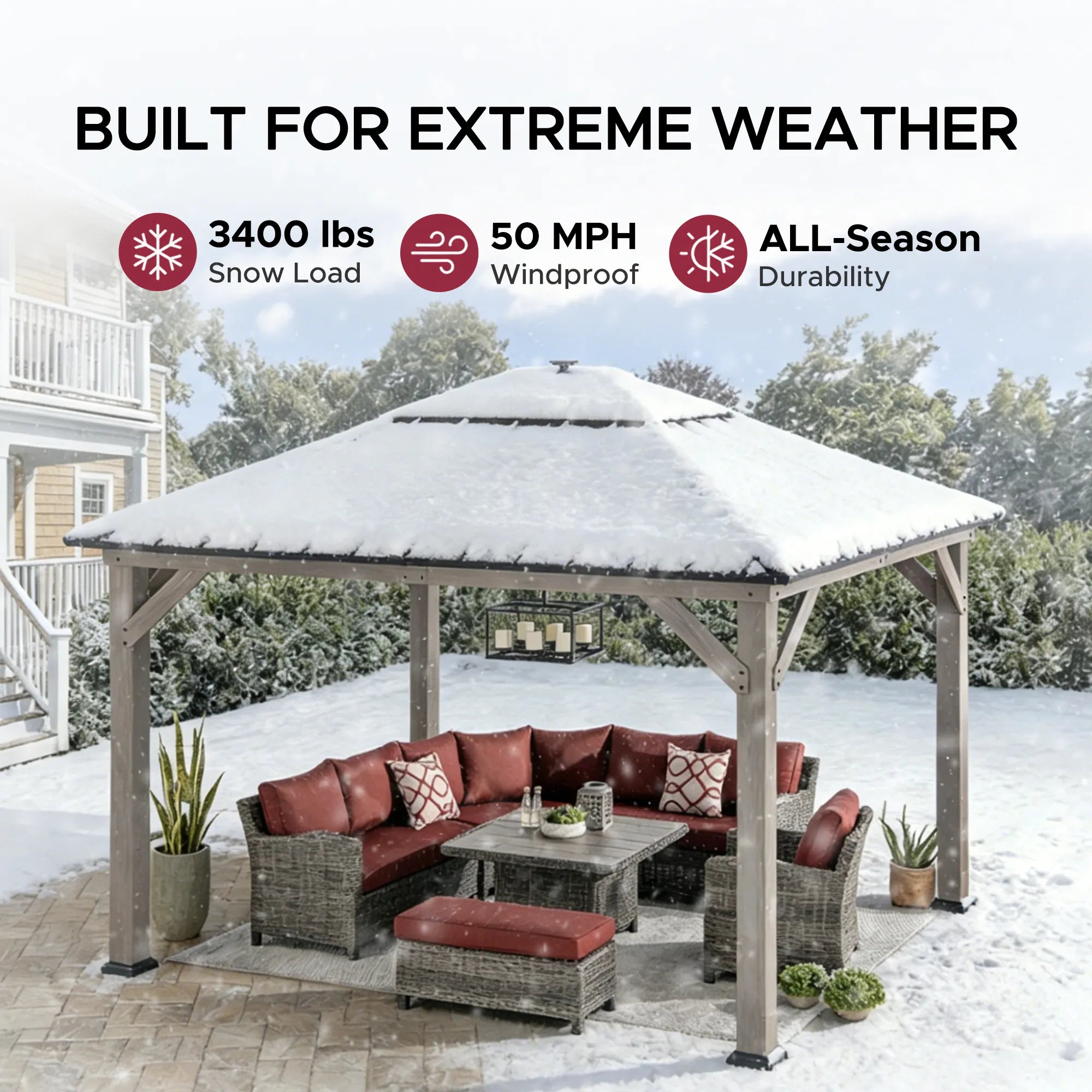 SUNJOY 11x13 Wooden Gazebo with Solar Panel, LED Lights and Ceiling Hook - Driftwood Cedar