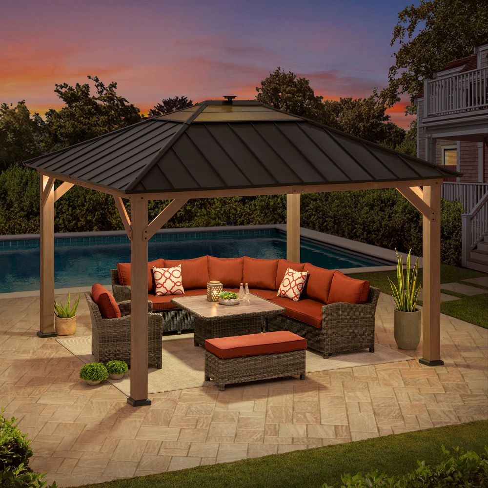 SUNJOY 11x13 Wooden Gazebo with Solar Panel, LED Lights and Ceiling Hook