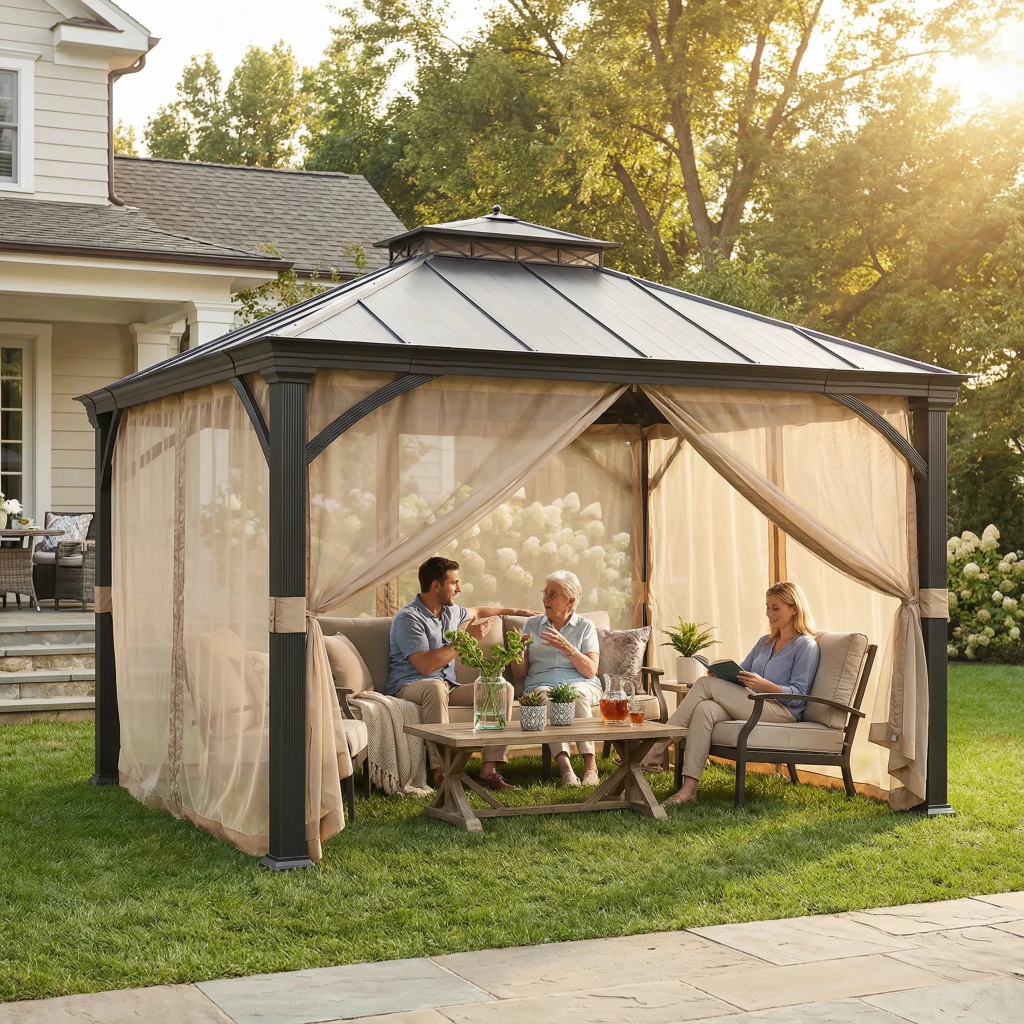 SUNJOY 11x13 All-Season Metal Gazebo with Aluminum Frame and Privacy Netting