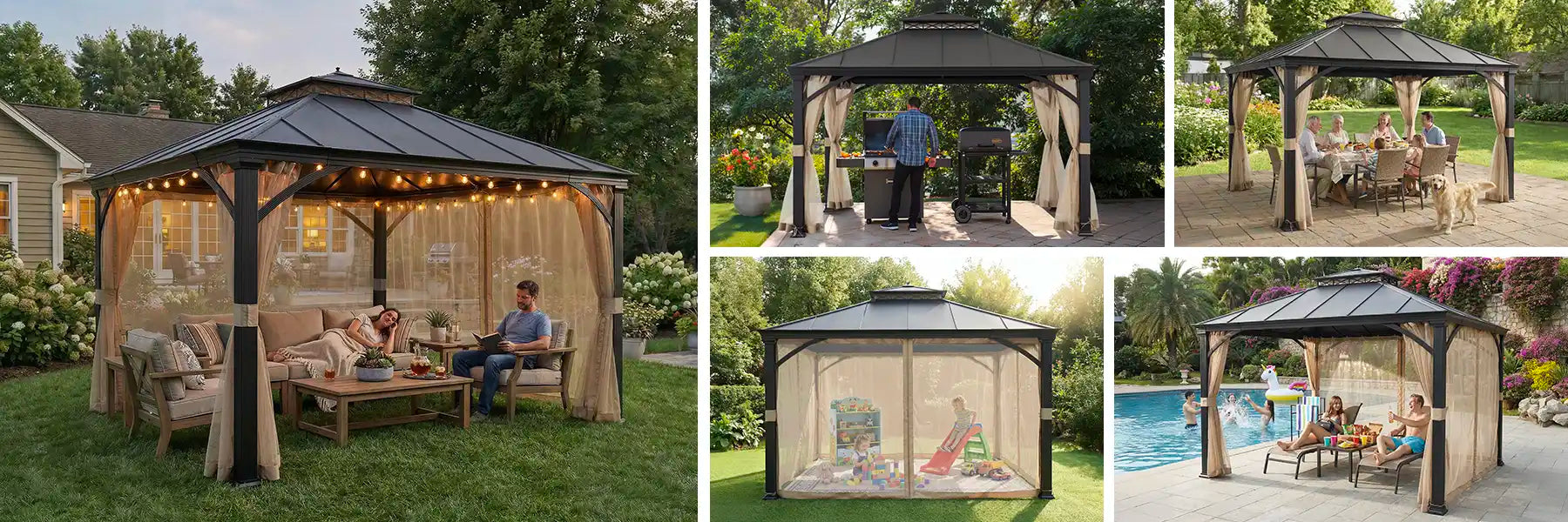 SUNJOY 11x13 All-Season Metal Gazebo with Aluminum Frame and Privacy Netting