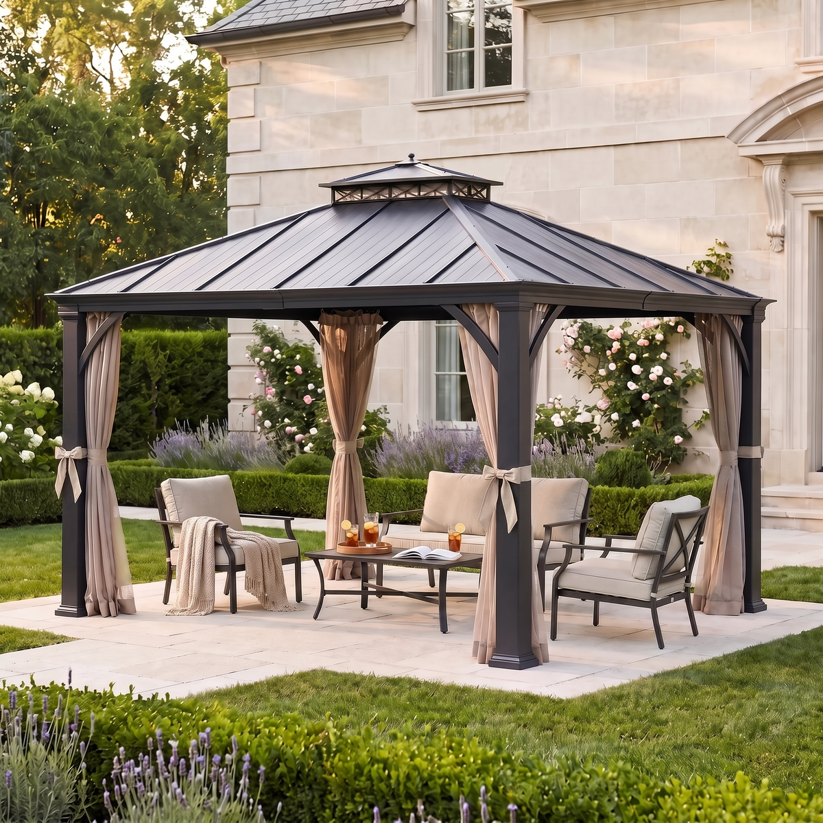Crown Lattice Hardtop Patio Gazebo 11' × 13', Matte Black