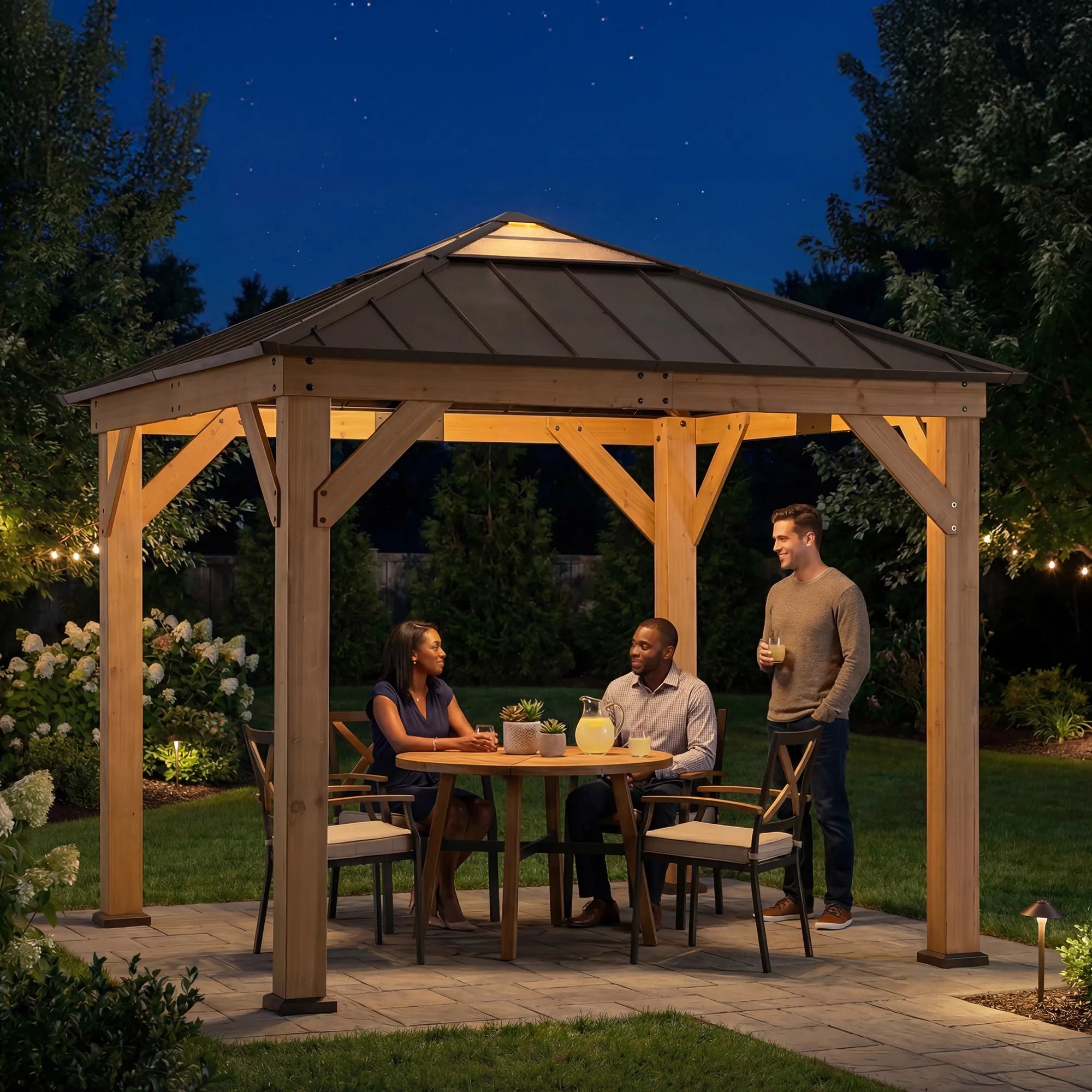 SUNJOY 9x9 Cedar Gazebo with Brown Metal Roof and Ceiling Hook