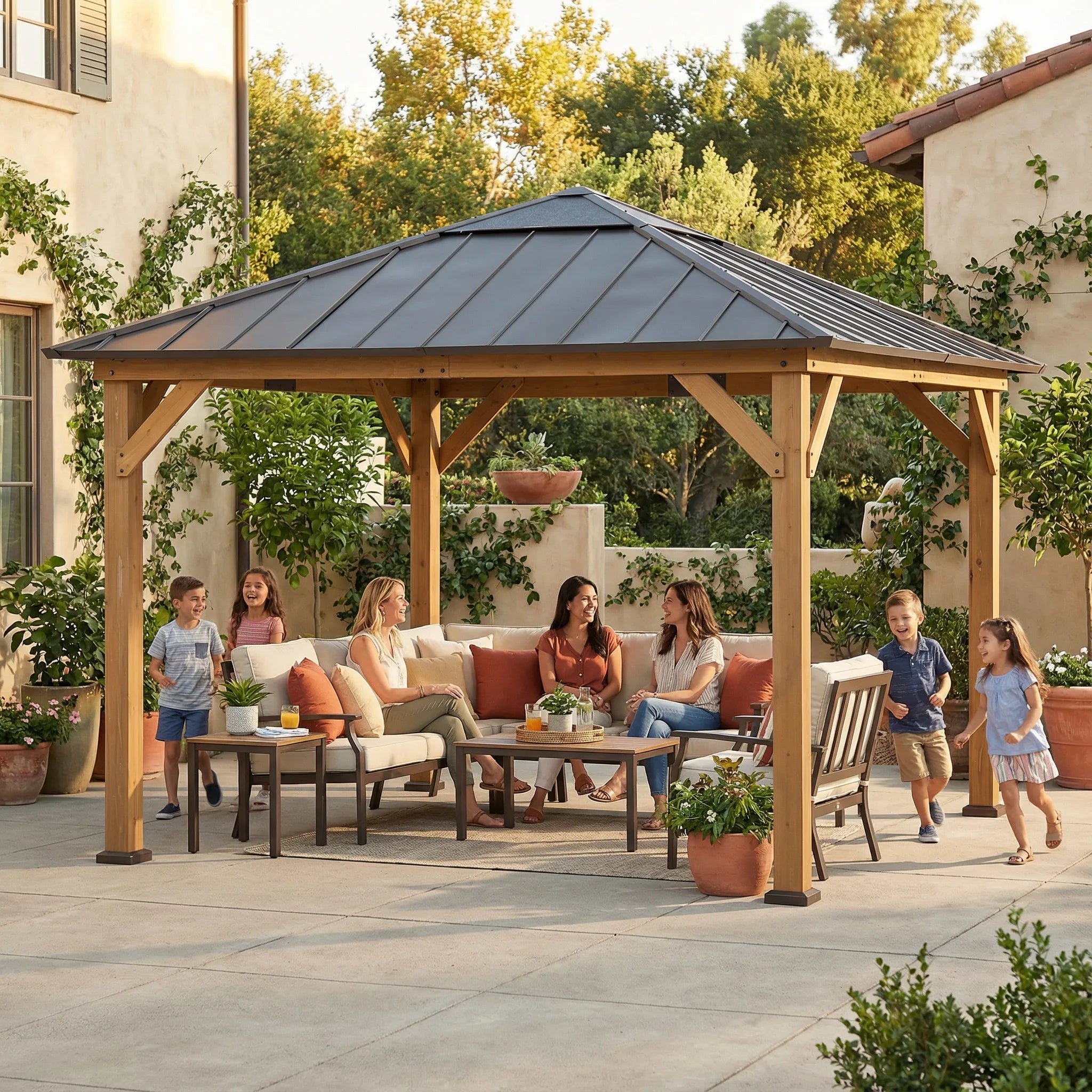 SUNJOY 11x11 Hip Roof Wooden Gazebo with Polycarbonate Skylight