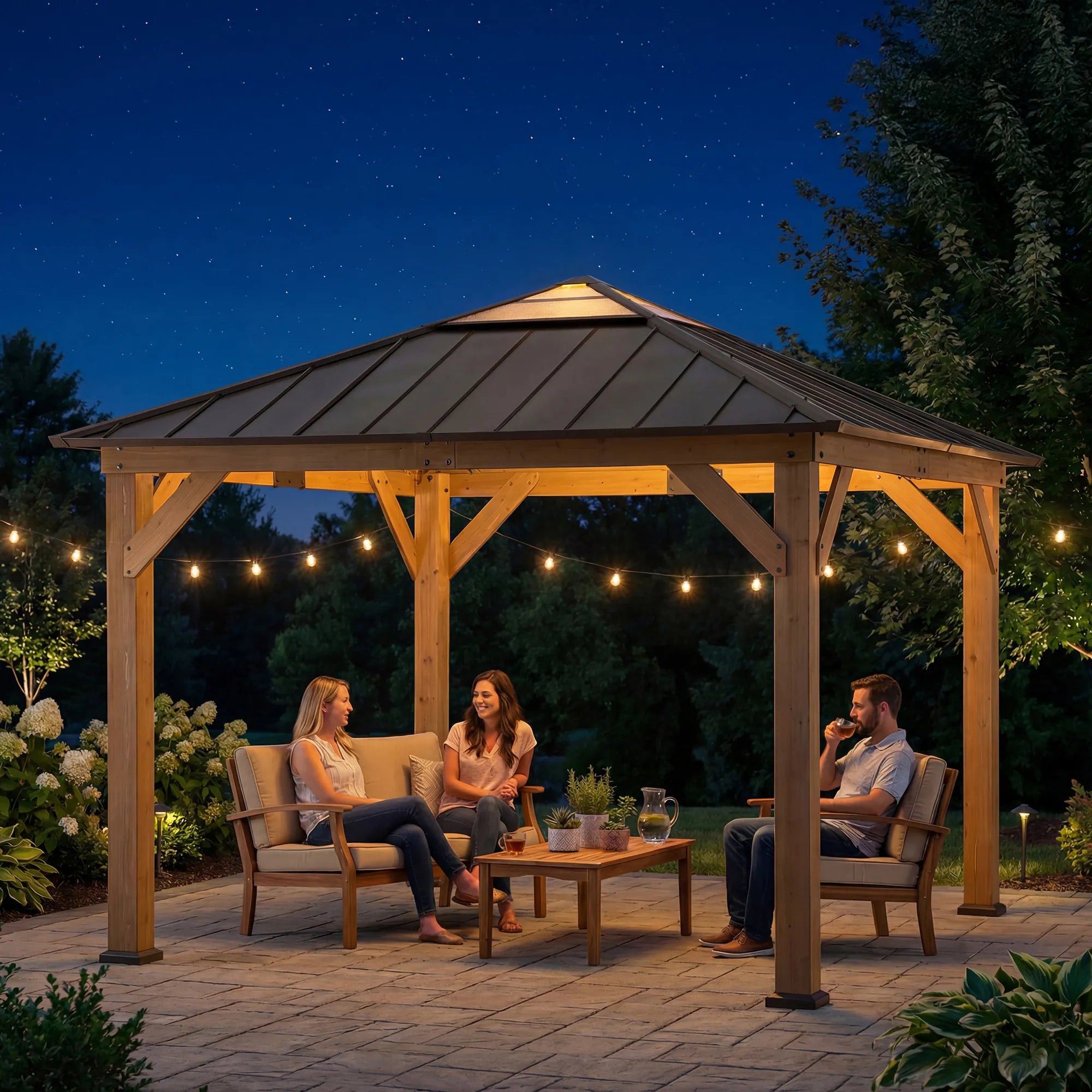 SUNJOY 11x11 Hip Roof Wooden Gazebo with Polycarbonate Skylight