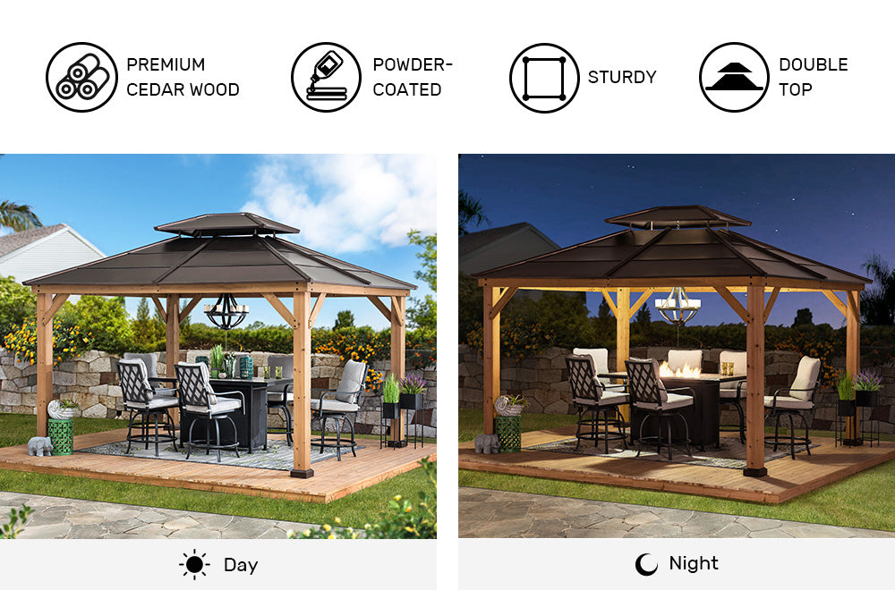 SUNJOY 11x13 Brown Wooden Gazebo with Ceiling Hook