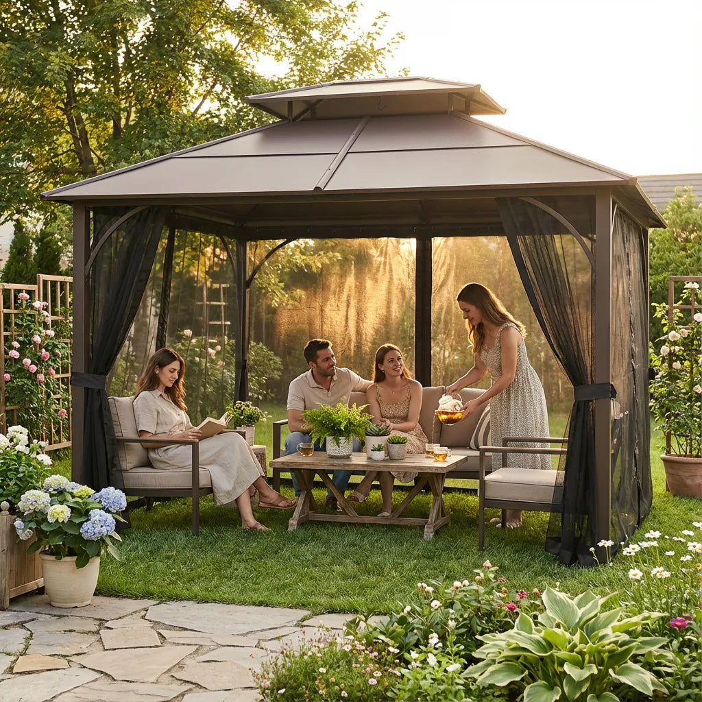 SUNJOY 10x12 Metal Hardtop Gazebo with Netting and Ceiling Hook