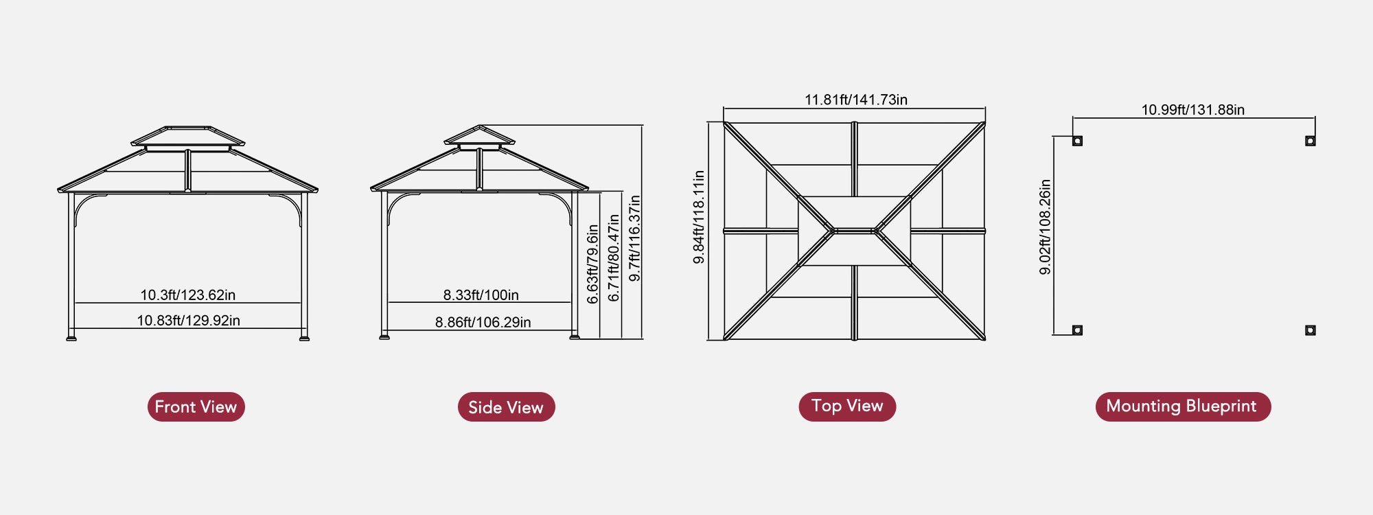 SUNJOY 10x12 Metal Hardtop Gazebo with Netting and Ceiling Hook -Black