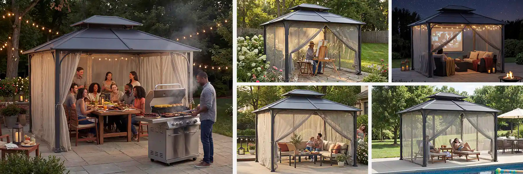 SUNJOY 10x12 Metal Hardtop Gazebo with Netting and Ceiling Hook -Black