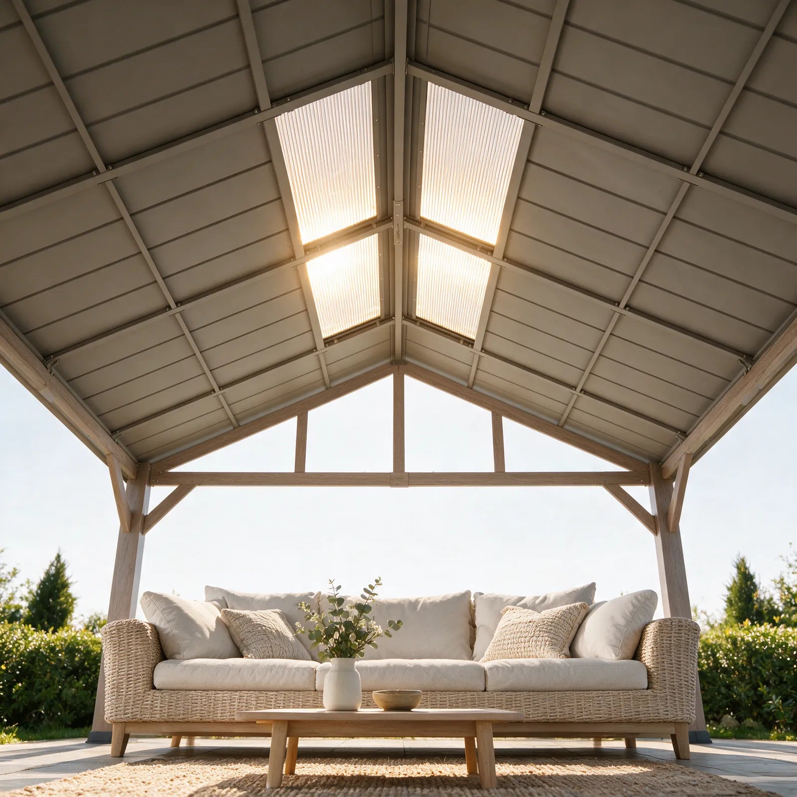 A light beige outdoor wicker sofa with matching throw pillows sits under a large metal gazebo with a peaked roof and glowing skylights. A small wooden coffee table with a vase of greenery is placed in front of the sofa.