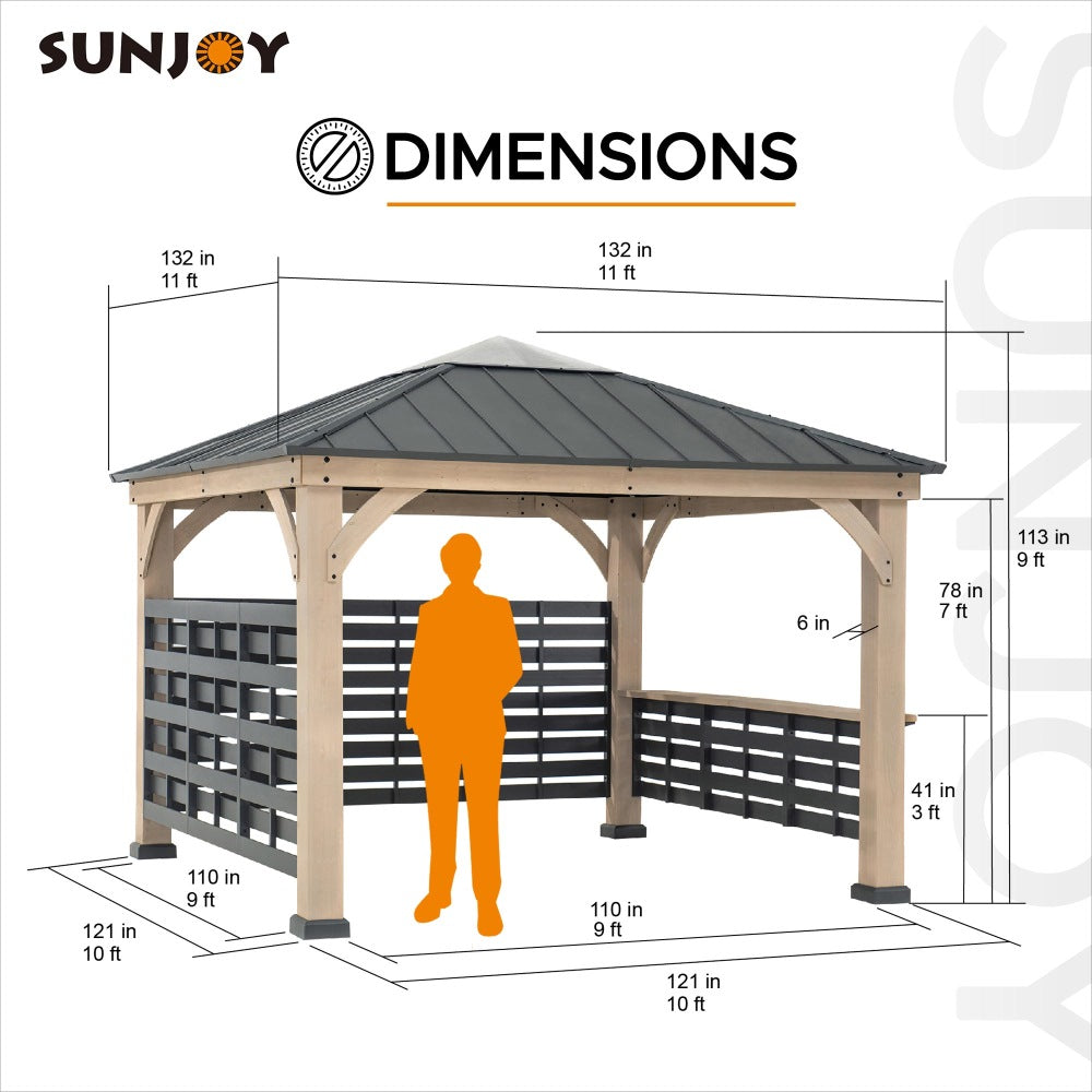 SUNJOY 11x11 Gazebo with Aluminum Privacy Screen & Bar Shelf for Hot Tub.