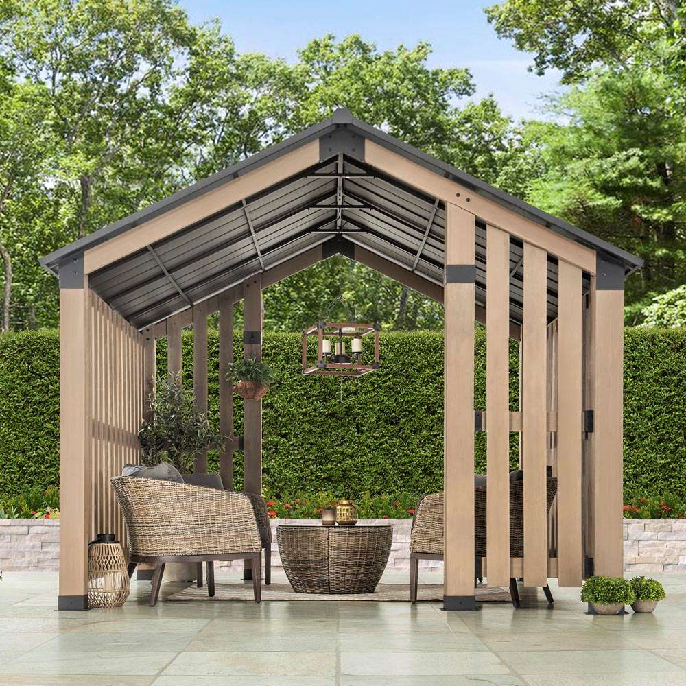 SUNJOY 11x11 Hardtop Hot Tub Gazebo with Privacy Screen and Hooks.