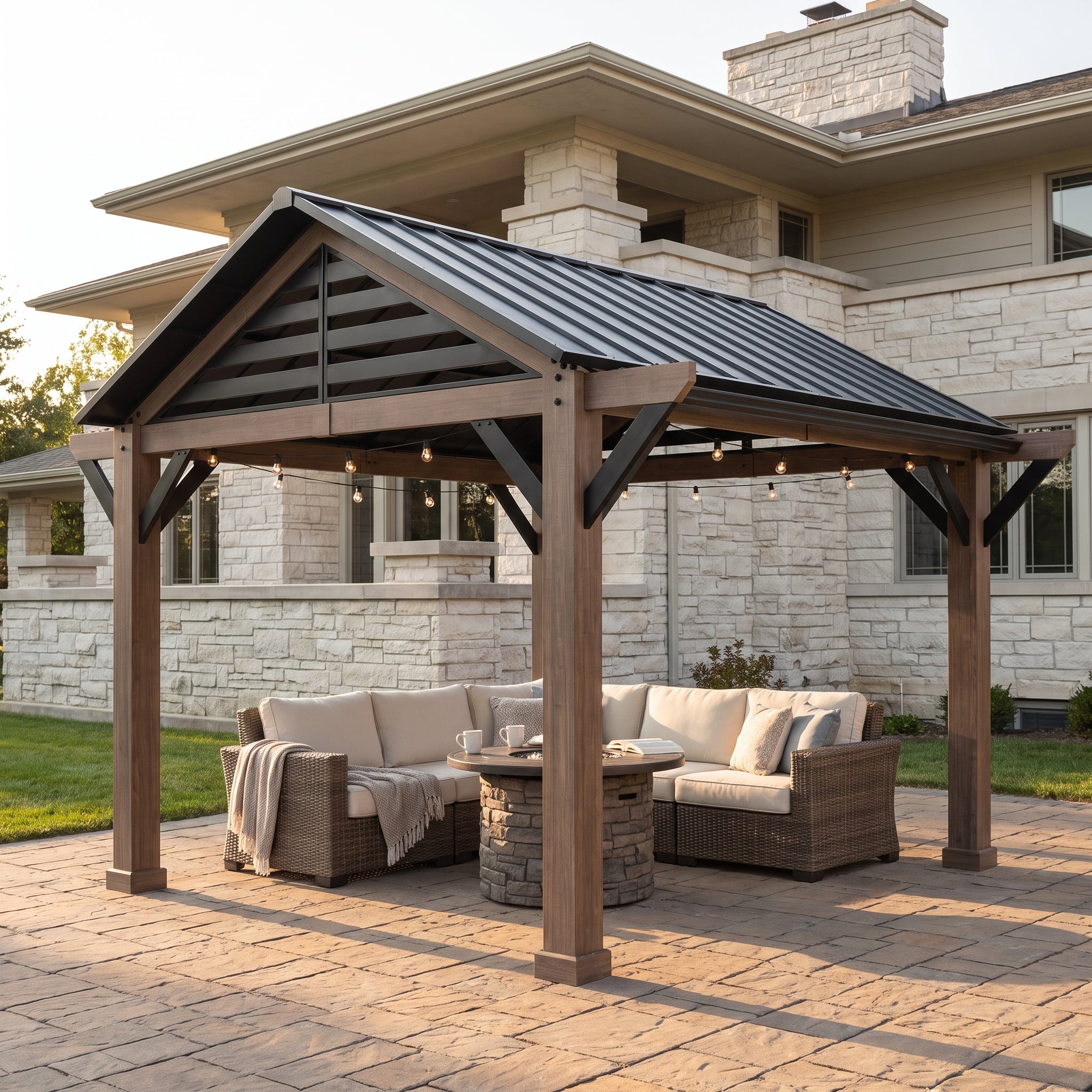 Apex Woodgrain Gable Steel Roof Patio Gazebo, 13Γ13