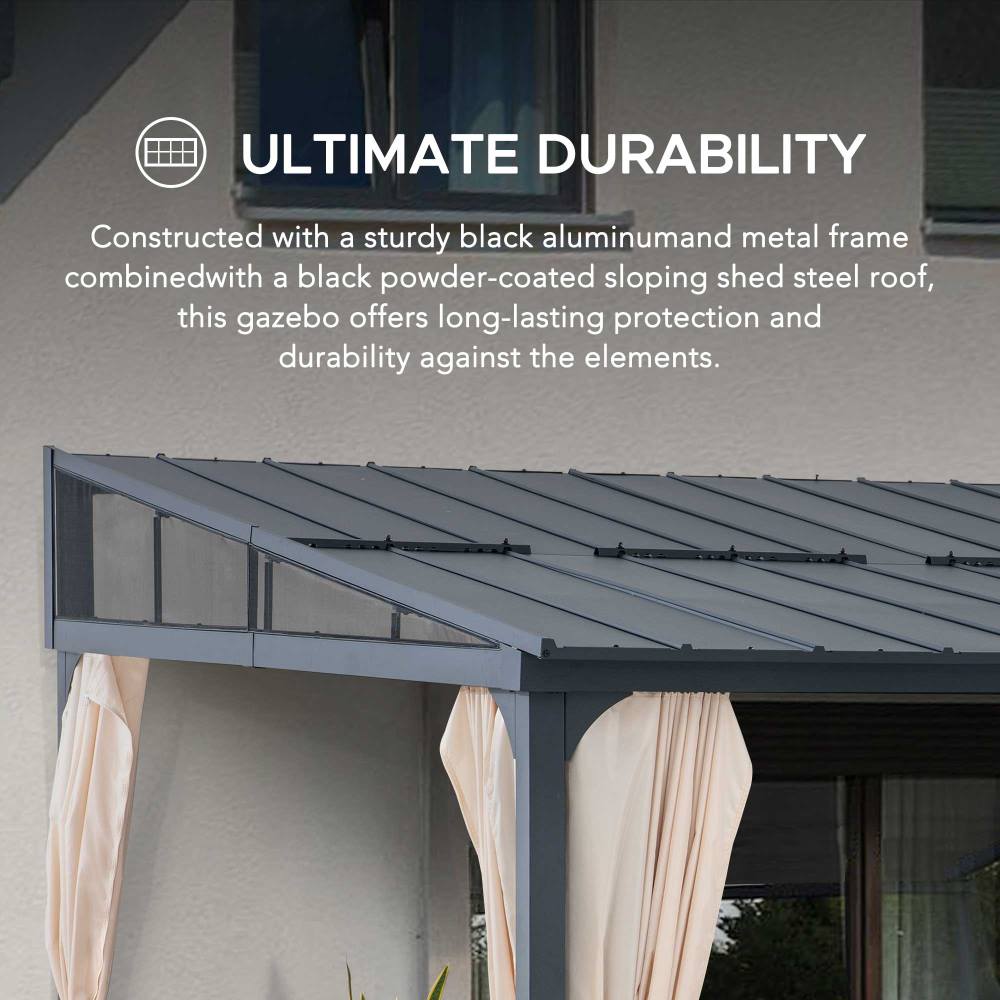 SUNJOY 12x14 Metal Roof Wall Mounted Gazebo, Lean to Gazebo with Curtain and Netting