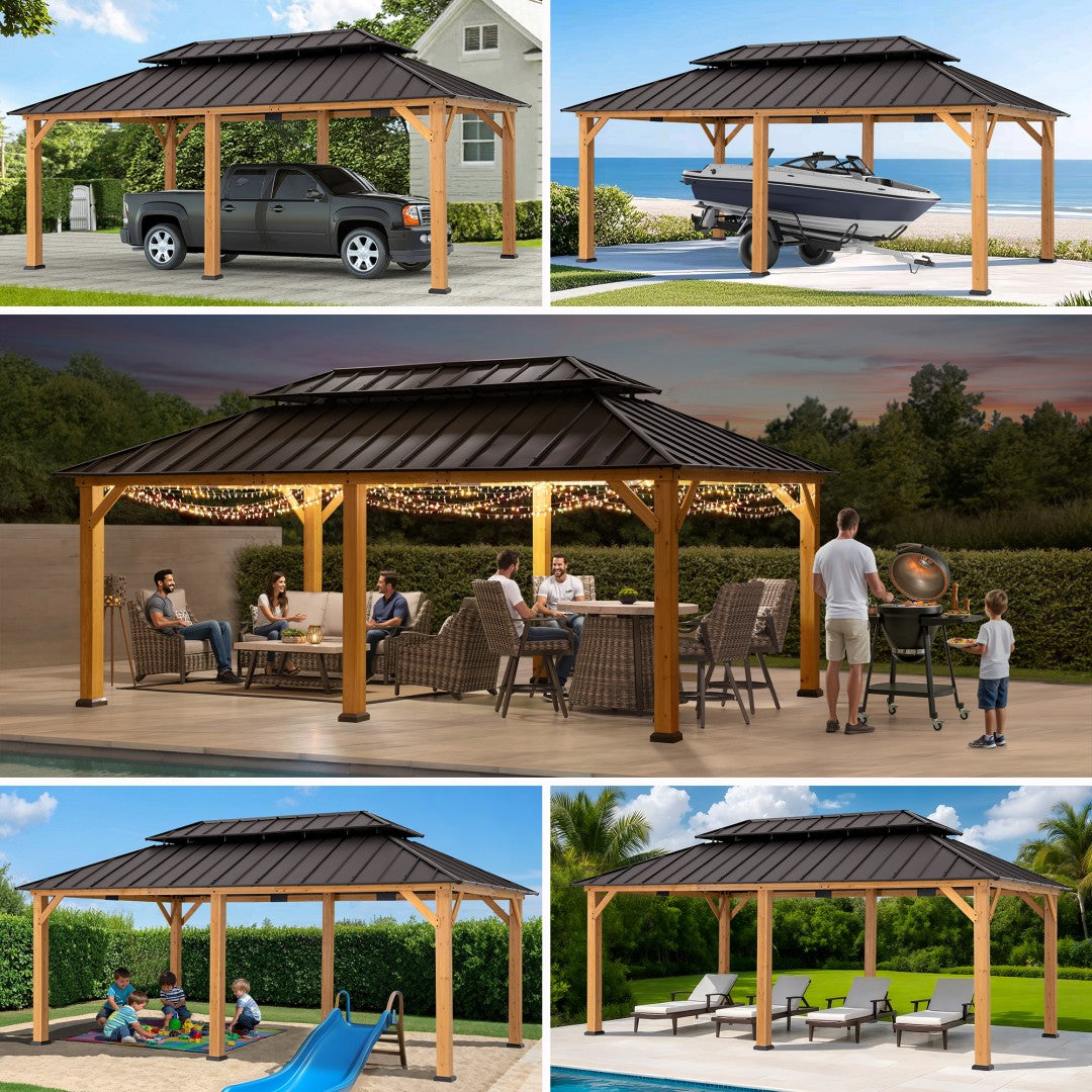 SUNJOY 12x20 Patio Wooden Gazebo with Ceiling Hooks - Standard Natural wood