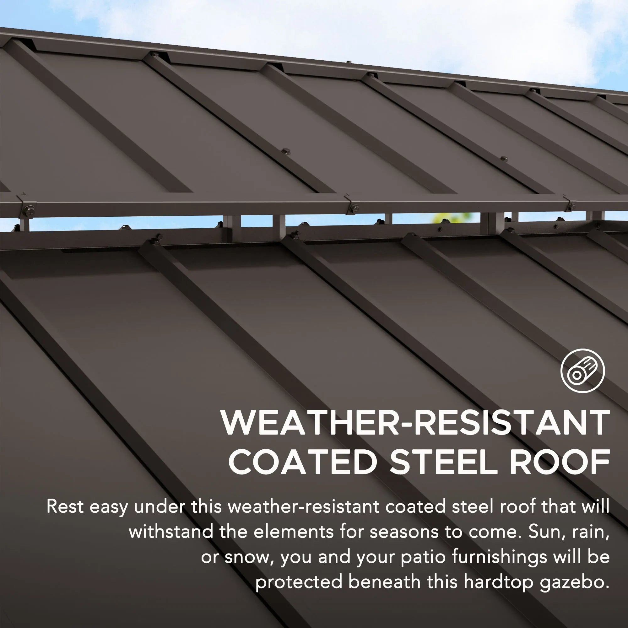 Dark brown weather-resistant coated steel roof panels shown installed on a house, with white text overlay describing its durability against sun, rain, and snow.