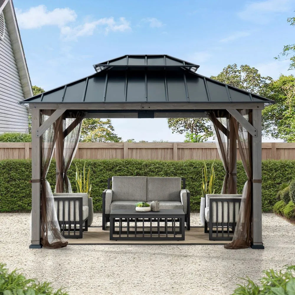 SUNJOY 10x12 Cedar Wood Gazebo with Galvanized Steel Roof, LED String Lights & Mosquito Netting - Black
