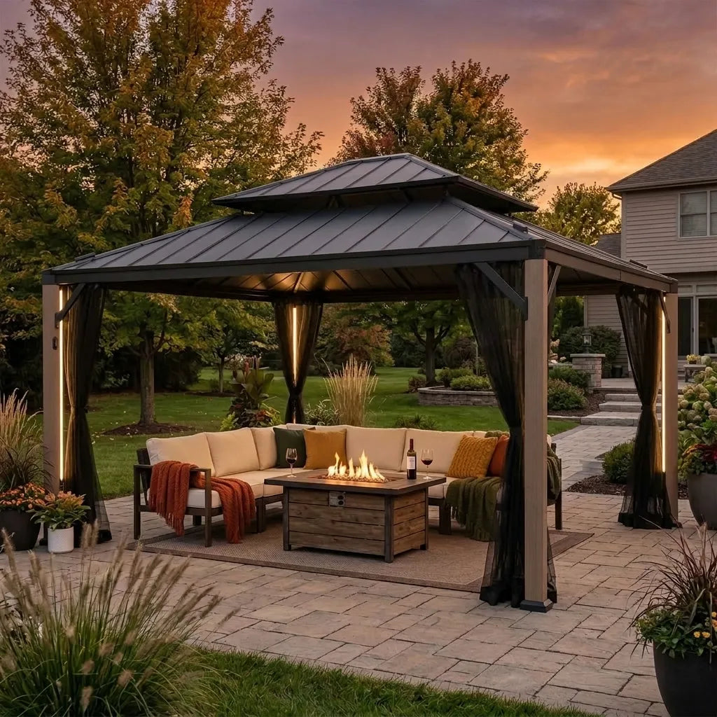 An outdoor double-tiered gazebo with side netting is set on a stone patio at sunset, housing a wooden fire pit table and a beige sectional sofa with throw blankets.