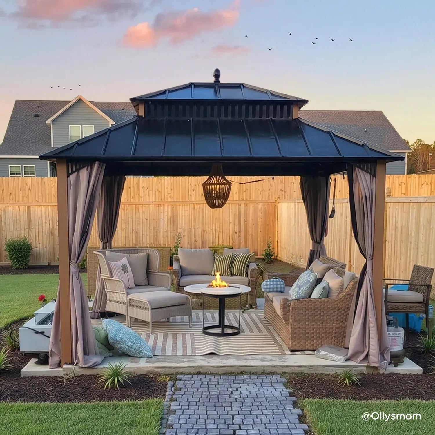 SUNJOY Kingston 12x10 Gazebo with Netting & Curtain | Steel Roof with Extra-Tall & Oversized Vent Top - Woodgrain Aluminum Posts