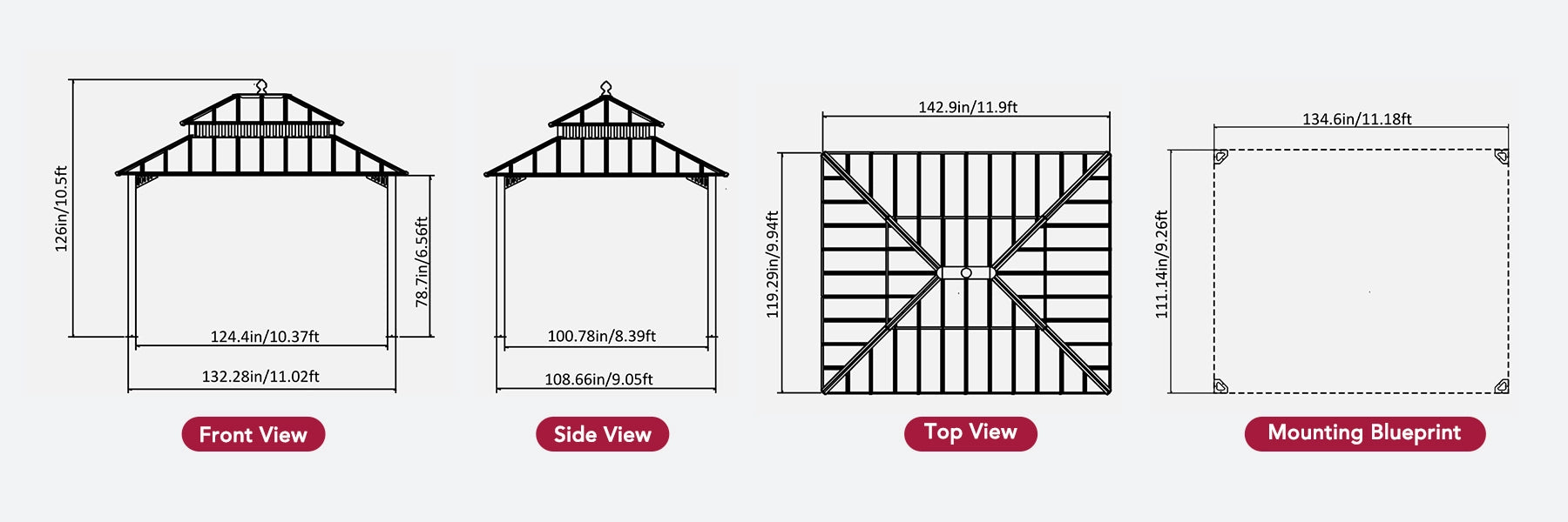 SUNJOY Kingston 12x10 Gazebo with Netting & Curtain | Steel Roof - Brown Aluminum Posts
