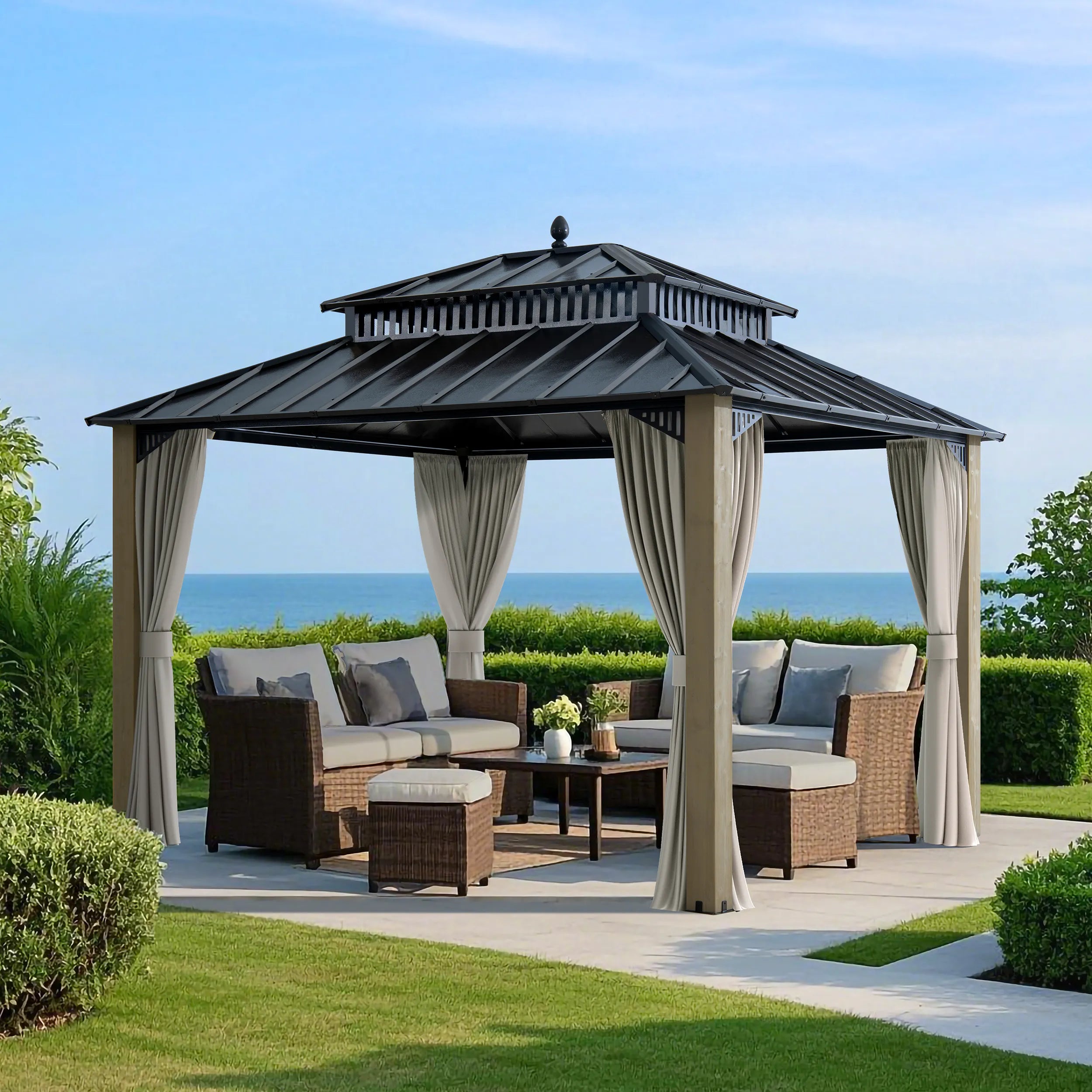 SUNJOY Kingston 12x10 Gazebo with Netting & Curtain | Steel Roof with Extra-Tall & Oversized Vent Top - Ceadr Wood Posts