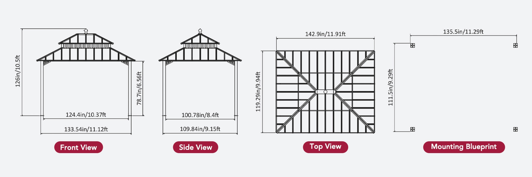 SUNJOY Kingston 12x10 Gazebo with Netting & Curtain | Steel Roof with Extra-Tall & Oversized Vent Top - Ceadr Wood Posts