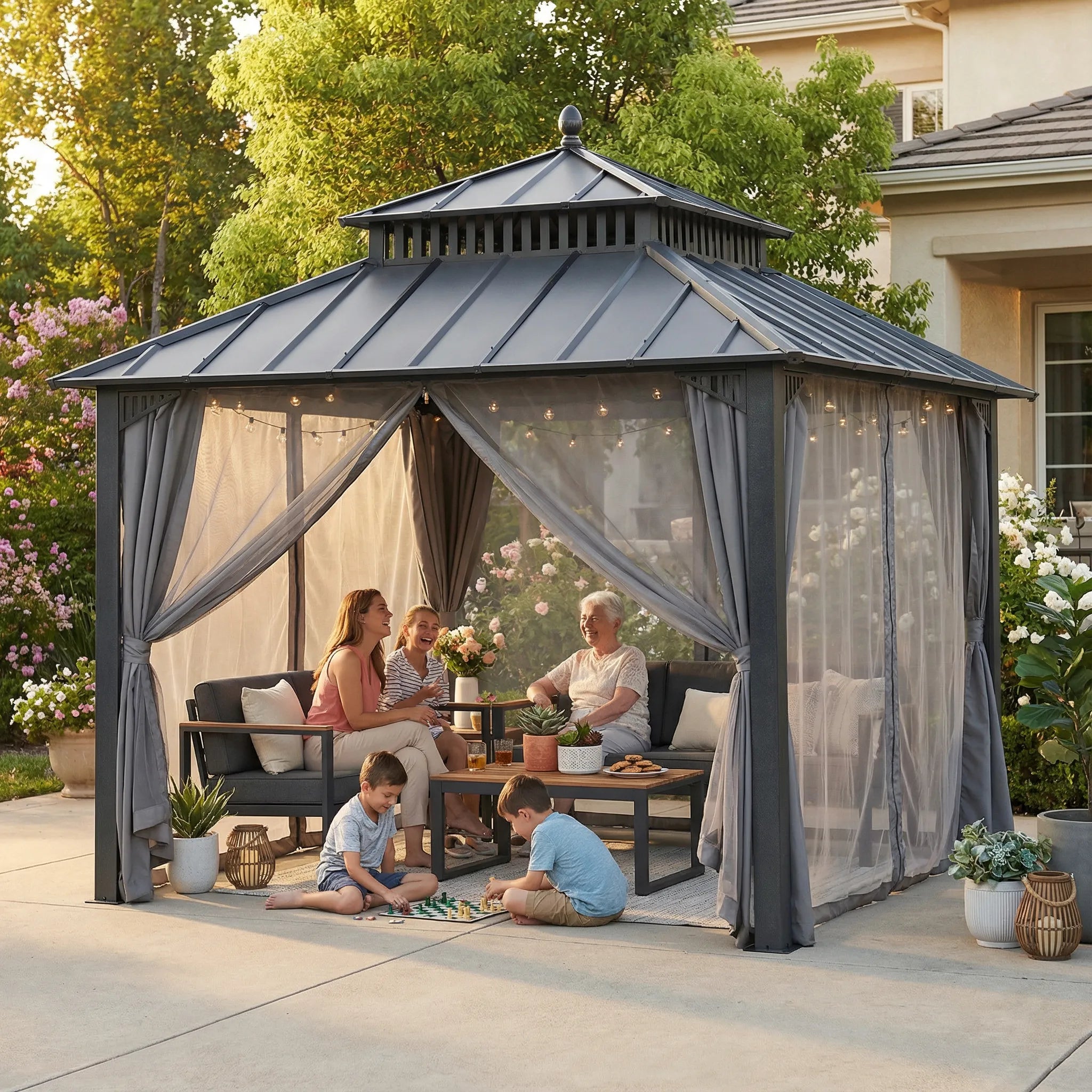 SUNJOY Kingston 10x10 Gazebo with Netting & Curtain | Steel Roof with Extra-Tall & Oversized Vent Top - Gray Aluminum Posts