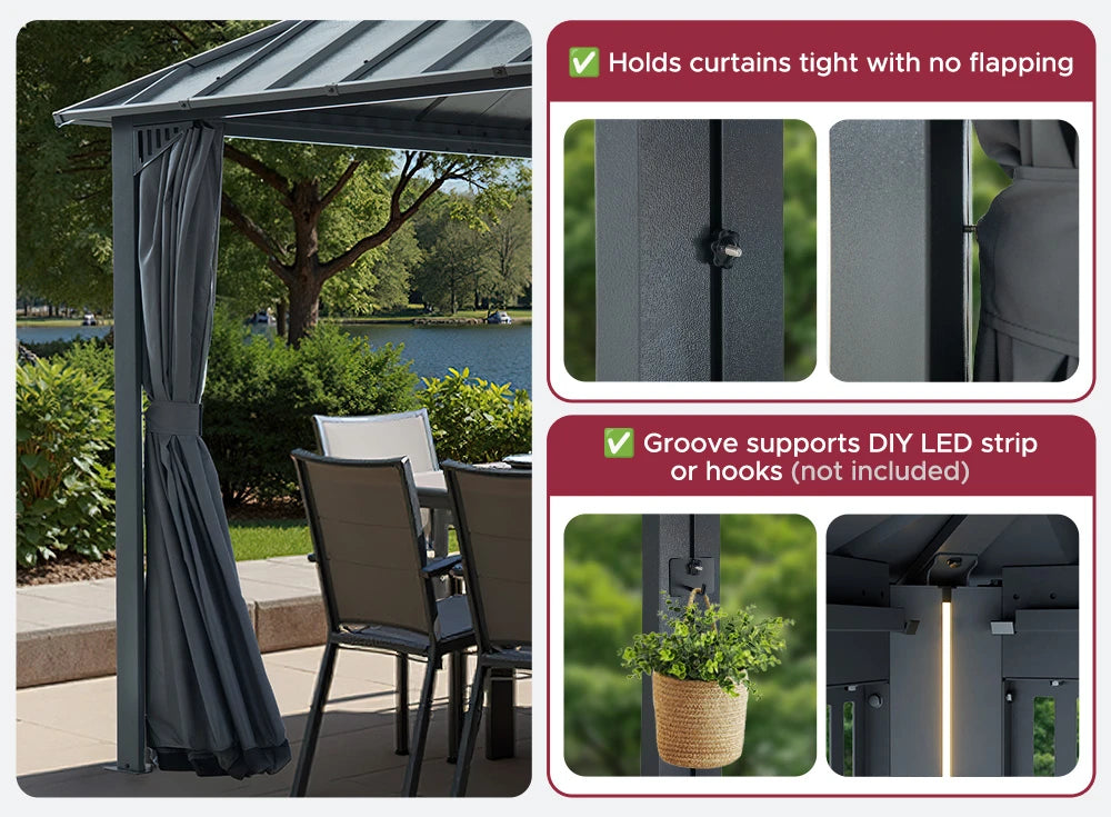SUNJOY Kingston 10x10 Gazebo with Netting & Curtain | Steel Roof - Gray Aluminum Posts