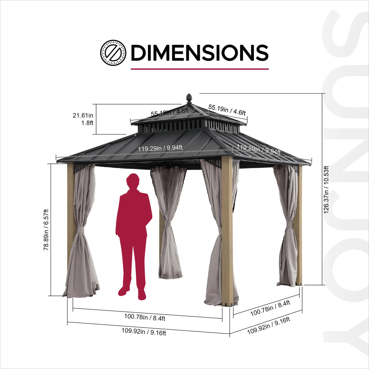 SUNJOY Kingston 10x10 Gazebo with Netting & Curtain | Steel Roof with Extra-Tall & Oversized Vent Top - Cedar Wood Posts