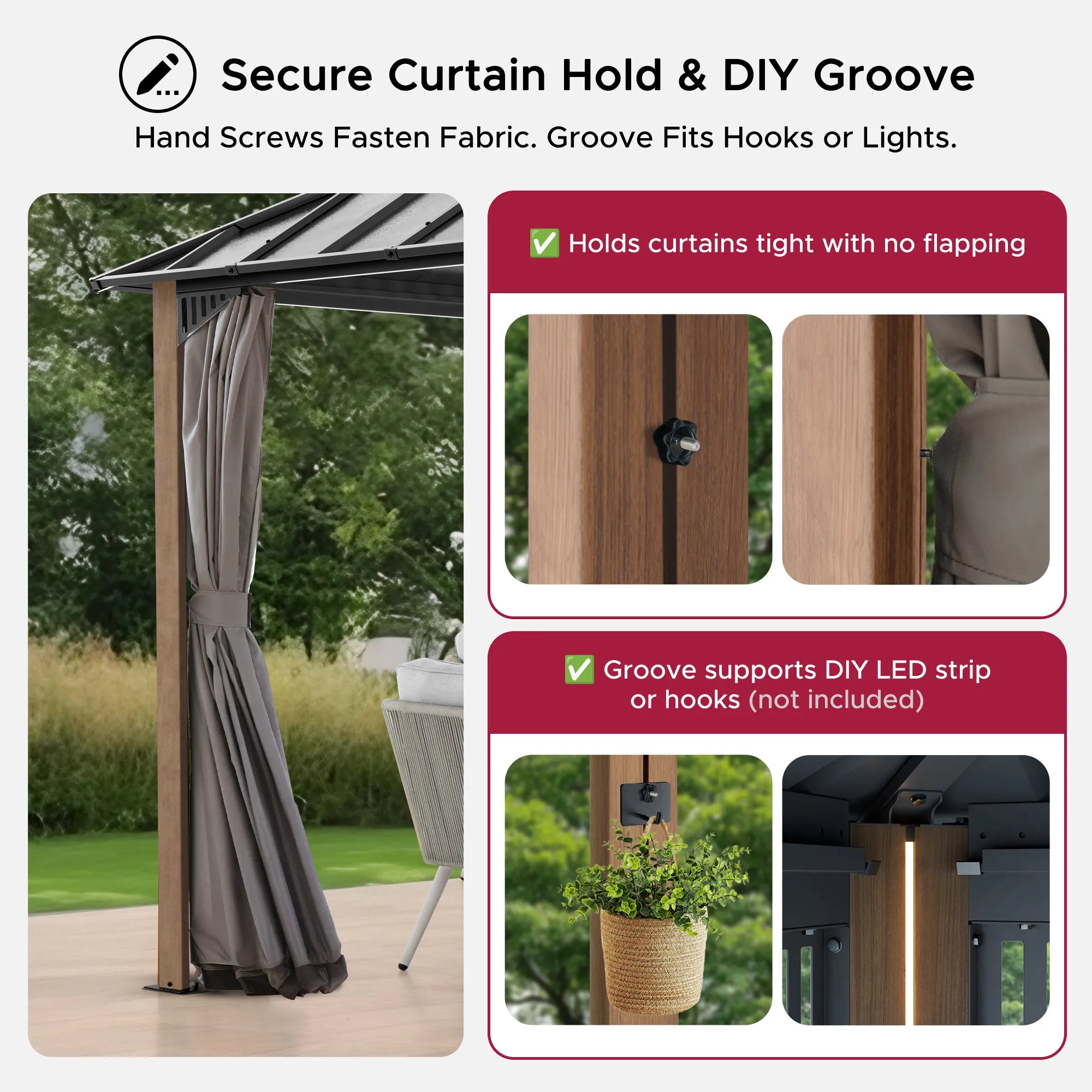 SUNJOY Kingston 12x12 Gazebo with Netting & Curtain | Steel Roof - Woodgrain Aluminum Posts