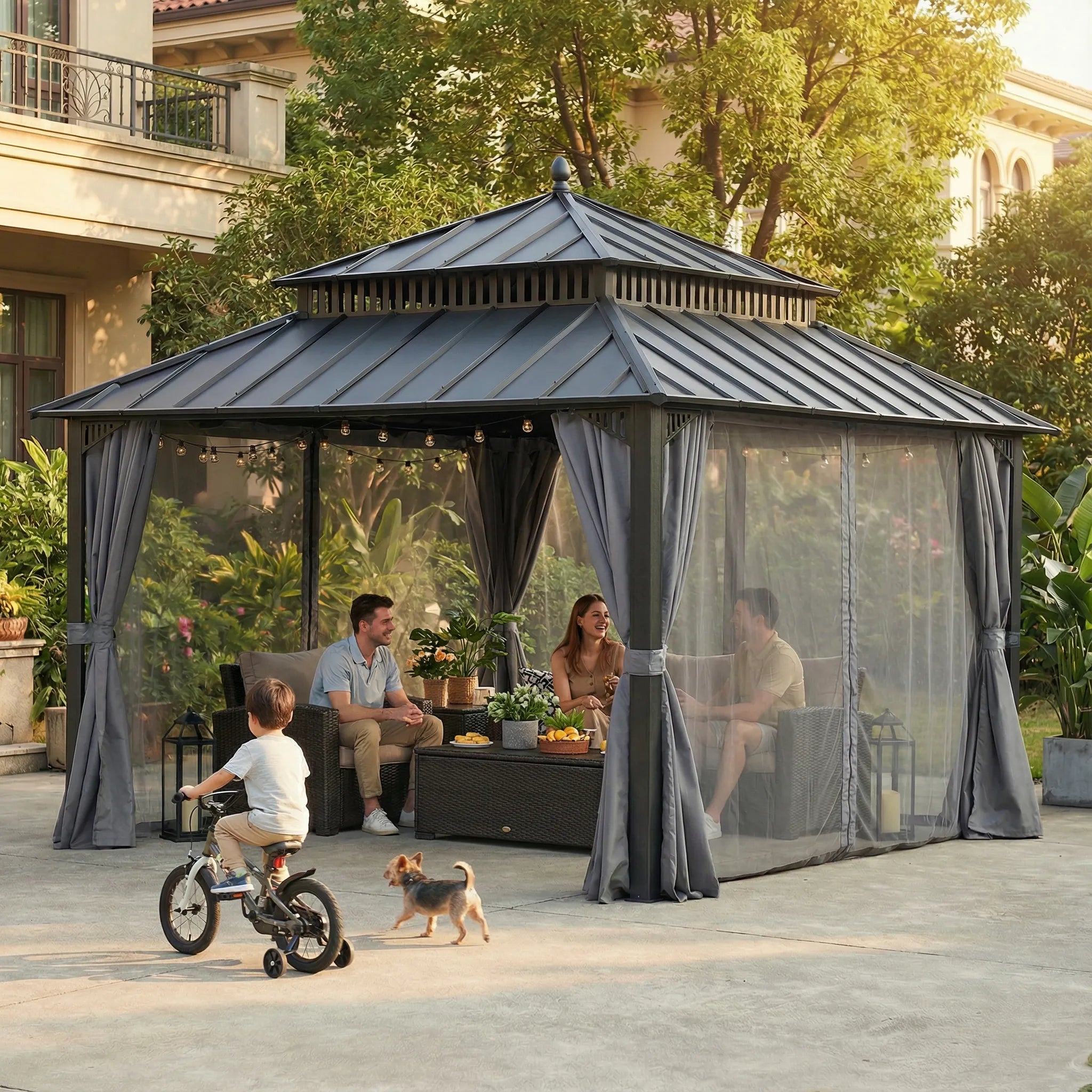 SUNJOY Kingston 12x12 Gazebo with Netting & Curtain | Steel Roof with Extra-Tall & Oversized Vent Top - Gray Aluminum Posts
