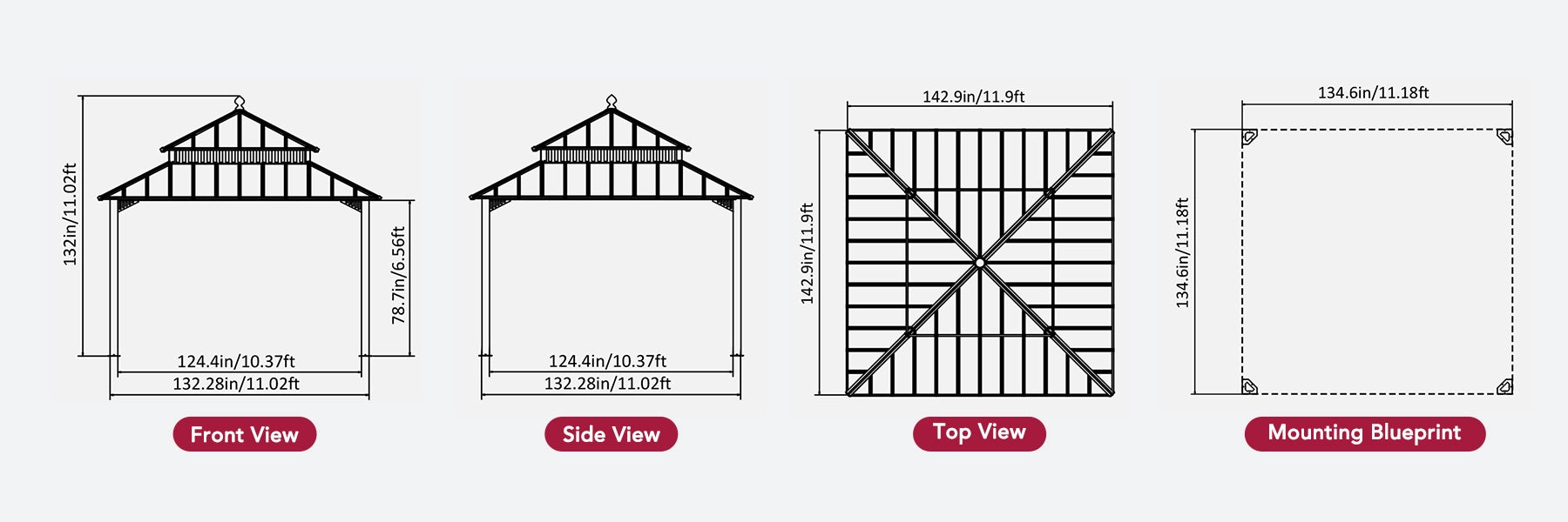 SUNJOY Kingston 12x12 Gazebo with Netting & Curtain | Steel Roof - Gray Aluminum Posts