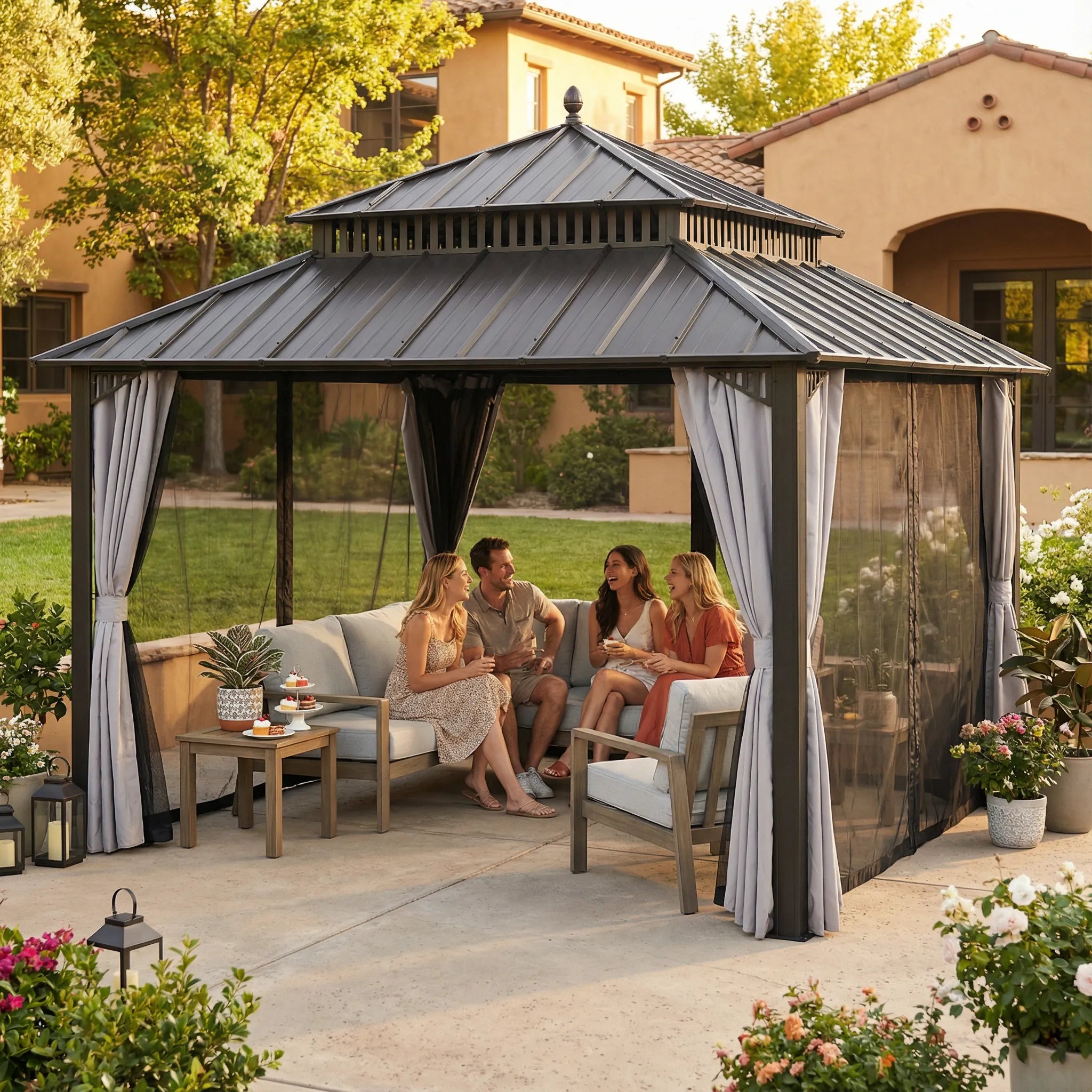 SUNJOY Kingston 12x12 Gazebo with Netting & Curtain | Steel Roof with Extra-Tall & Oversized Vent Top - Brown Aluminum Posts