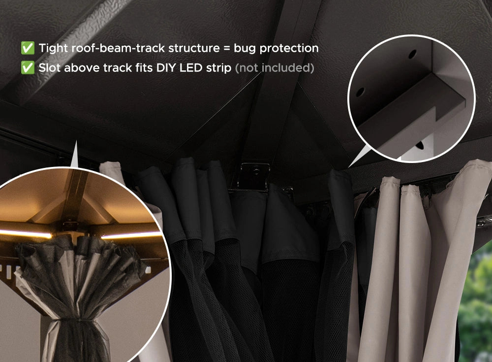 SUNJOY Kingston 12x12 Gazebo with Netting & Curtain | Steel Roof - Brown Aluminum Posts