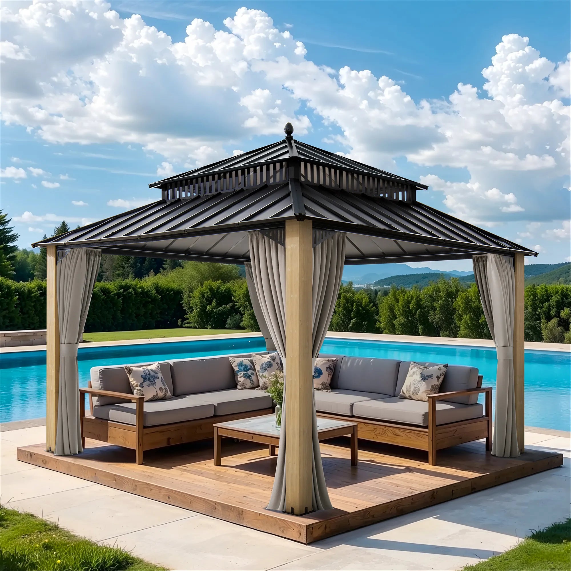 SUNJOY Kingston 12x12 Gazebo with Netting & Curtain | Steel Roof with Extra-Tall & Oversized Vent Top - Cedar Wood Posts