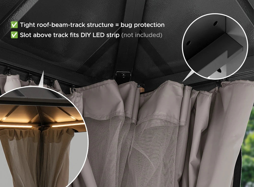SUNJOY Kingston 12x14 Gazebo with Netting & Curtain | Steel Roof - Woodgrain Aluminum Posts