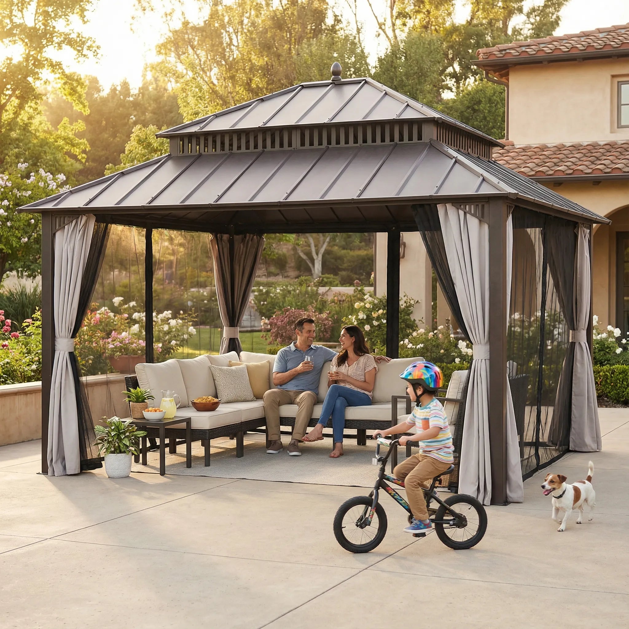 SUNJOY Kingston 12x14 Gazebo with Netting & Curtain | Steel Roof with Extra-Tall & Oversized Vent Top - Brown Aluminum Posts