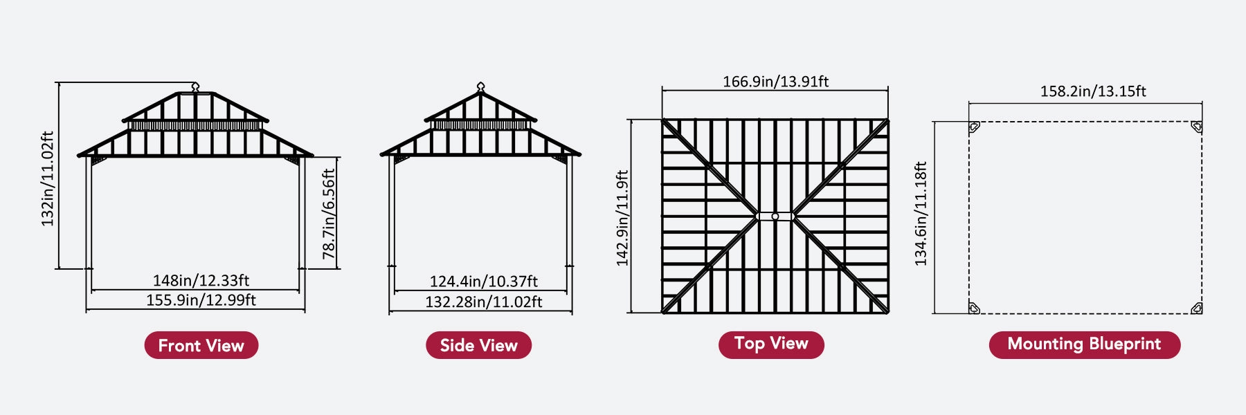 SUNJOY Kingston 12x14 Gazebo with Netting & Curtain | Steel Roof - Brown Aluminum Posts