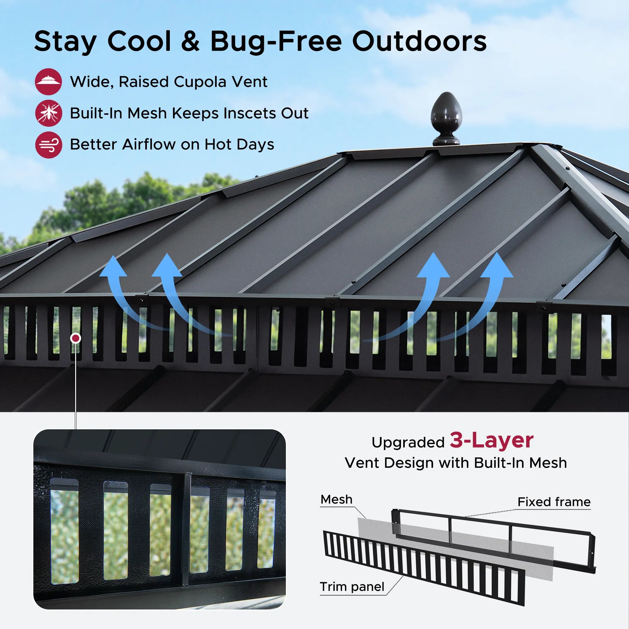 SUNJOY Kingston 12x14 Gazebo with Netting & Curtain | Steel Roof with Extra-Tall & Oversized Vent Top - Cedar Wood Posts