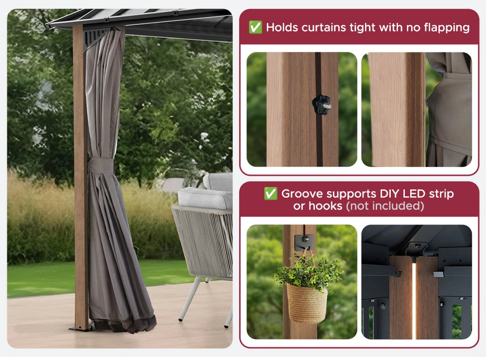 SUNJOY Kingston 12x16 Gazebo with Netting & Curtain | Steel Roof - Woodgrain Aluminum Posts