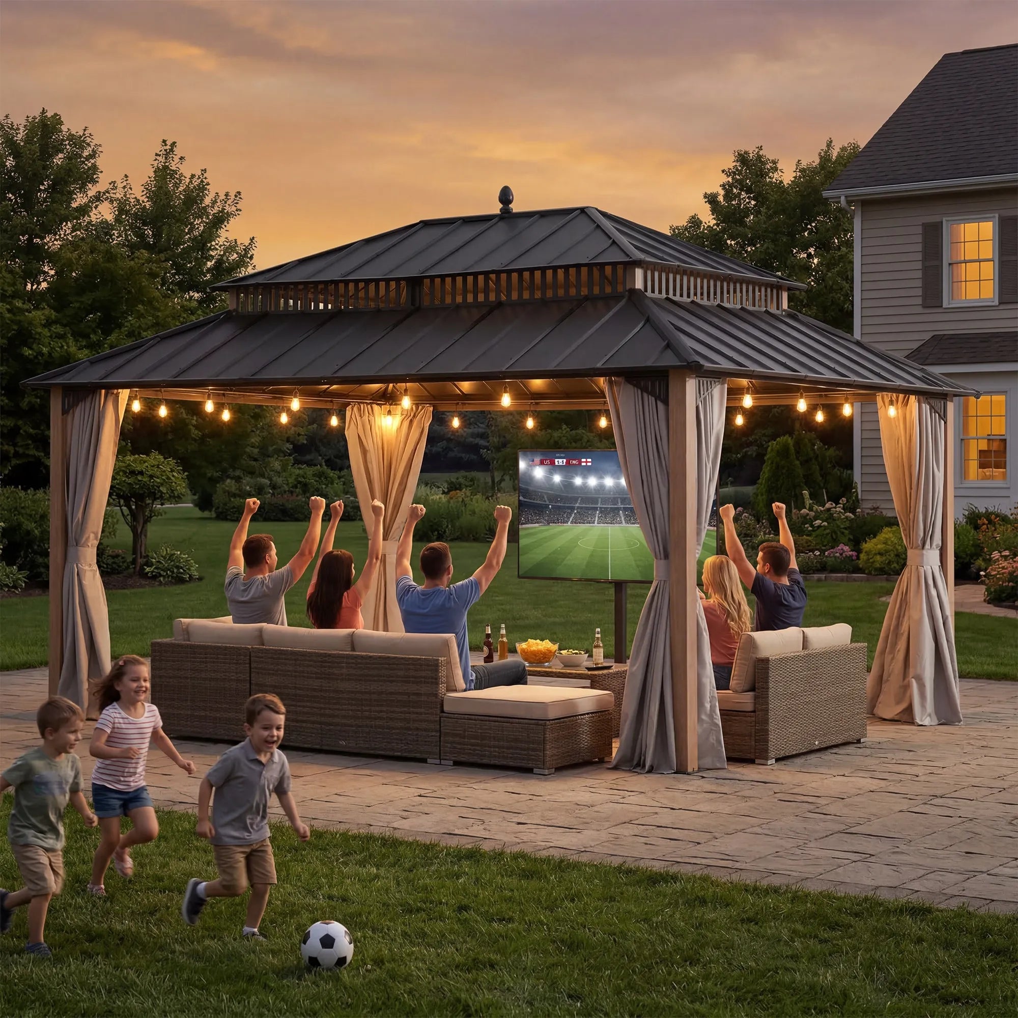 SUNJOY Kingston 12x16 Gazebo with Netting & Curtain | Steel Roof with Extra-Tall & Oversized Vent Top - Woodgrain Aluminum Posts