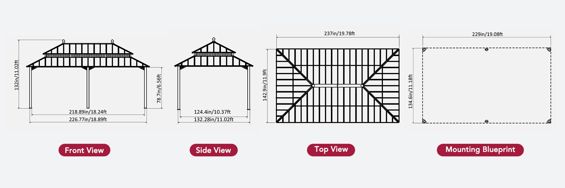 SUNJOY Kingston 12x20 Gazebo with Netting & Curtain | Steel Roof - Gray Aluminum Posts