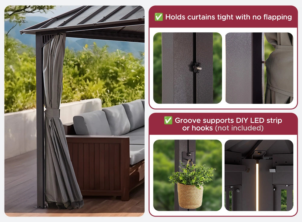 SUNJOY Kingston 12x20 Gazebo with Netting & Curtain | Steel Roof - Brown Aluminum Posts