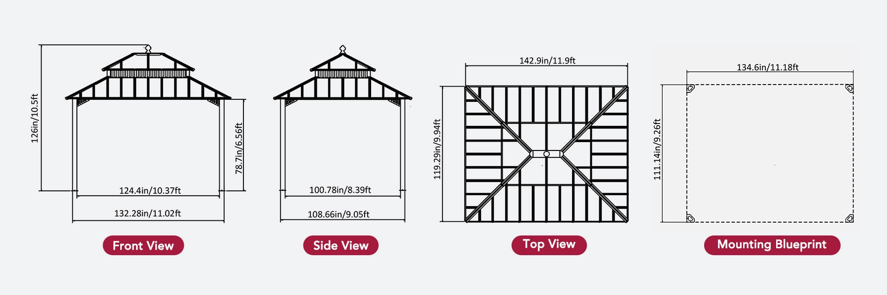 SUNJOY Kingston 12x10 Gazebo with Netting & Curtain | Steel Roof with Extra-Tall & Oversized PC Vent Top - Woodgrain Aluminum Posts
