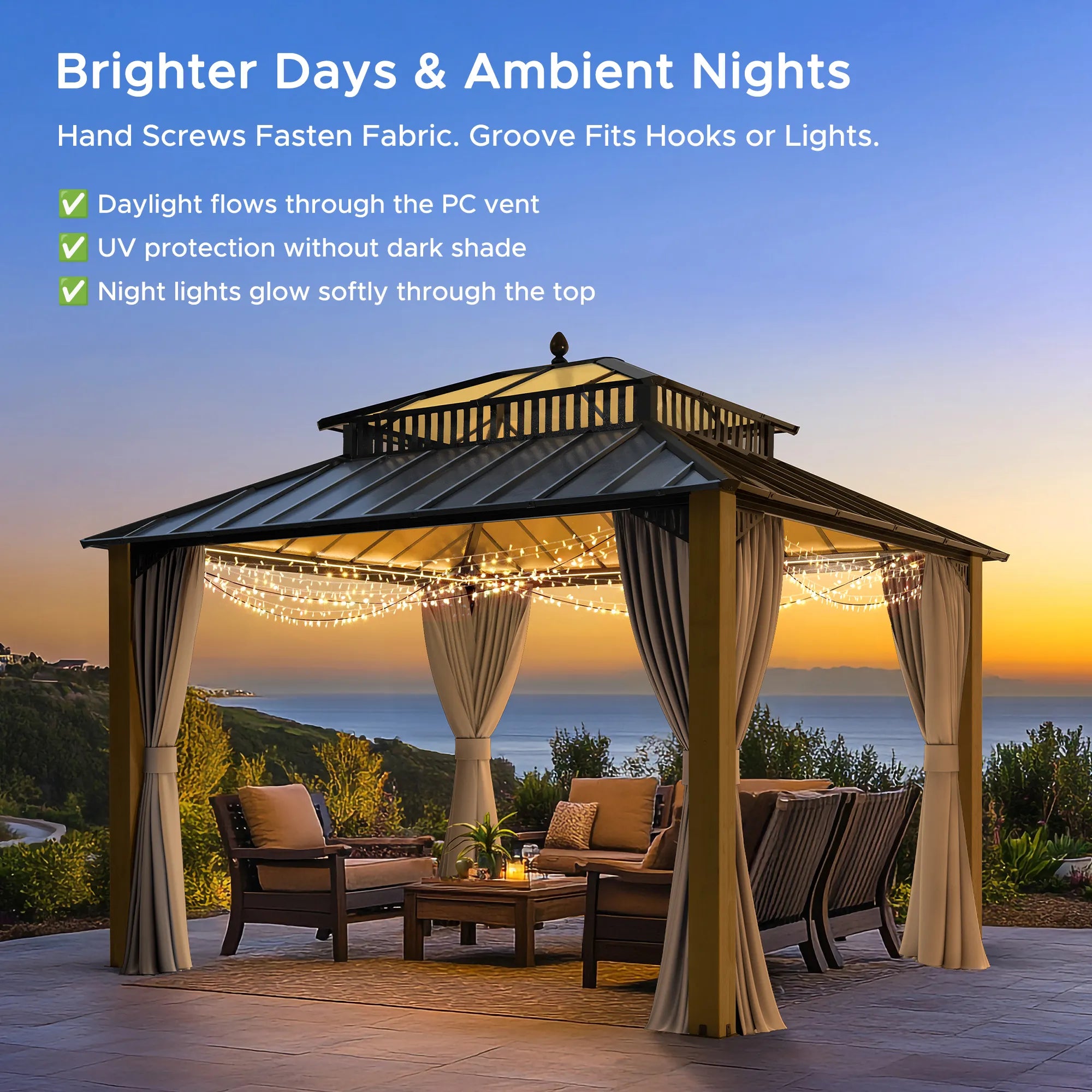 SUNJOY Kingston 12x10 Gazebo with Netting & Curtain | Steel Roof with Extra-Tall & Oversized PC Vent Top - Cedar Wood Posts