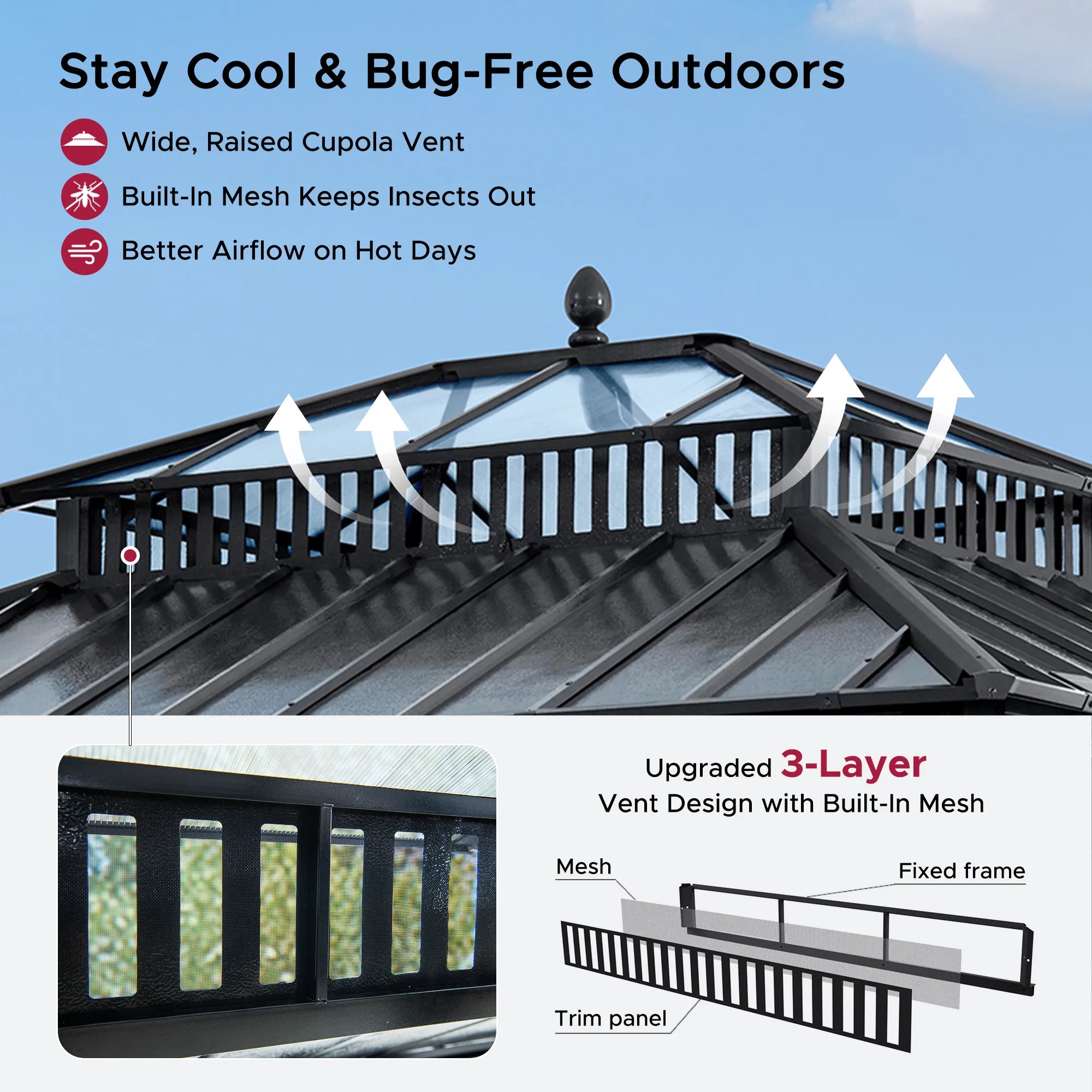 SUNJOY Kingston 12x10 Gazebo with Netting & Curtain | Steel Roof with Extra-Tall & Oversized PC Vent Top - Cedar Wood Posts