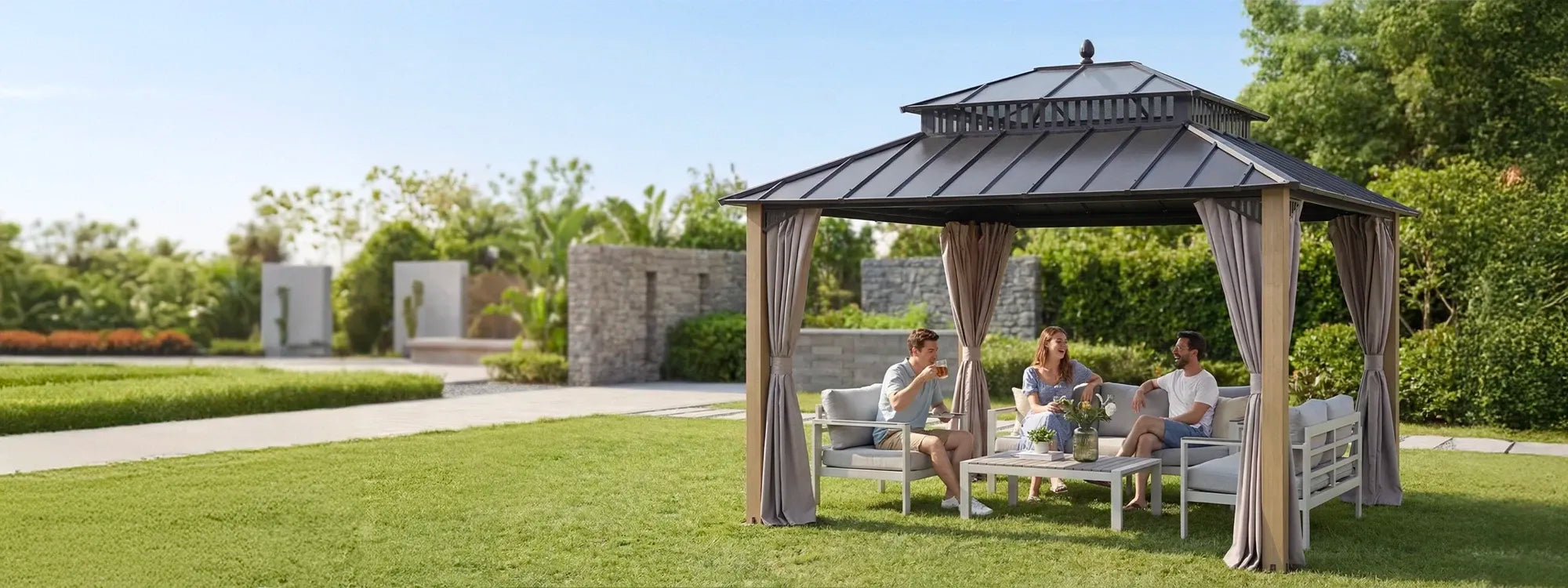 SUNJOY Kingston 12x10 Gazebo with Netting & Curtain | Steel Roof with Extra-Tall & Oversized PC Vent Top - Cedar Wood Posts