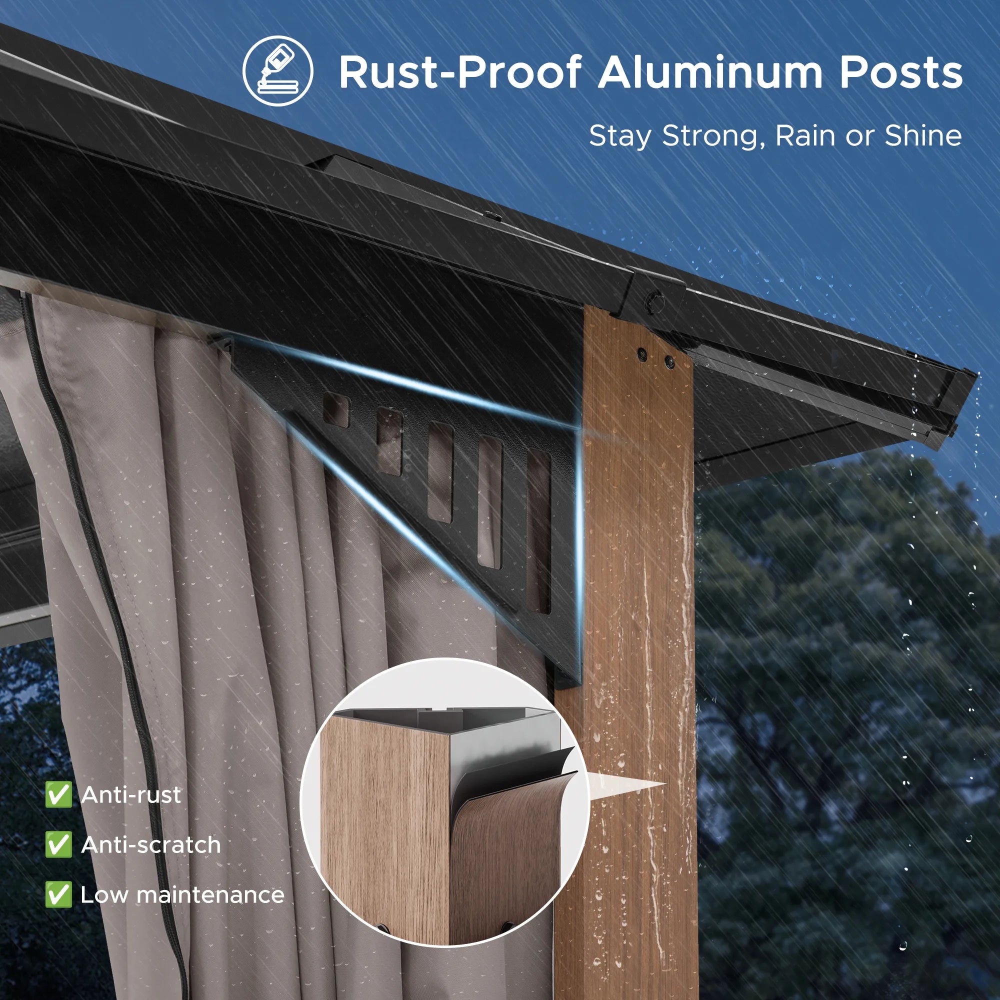SUNJOY Kingston 10x10 Gazebo with Netting & Curtain | Steel & PC Roof - Woodgrain Aluminum Posts
