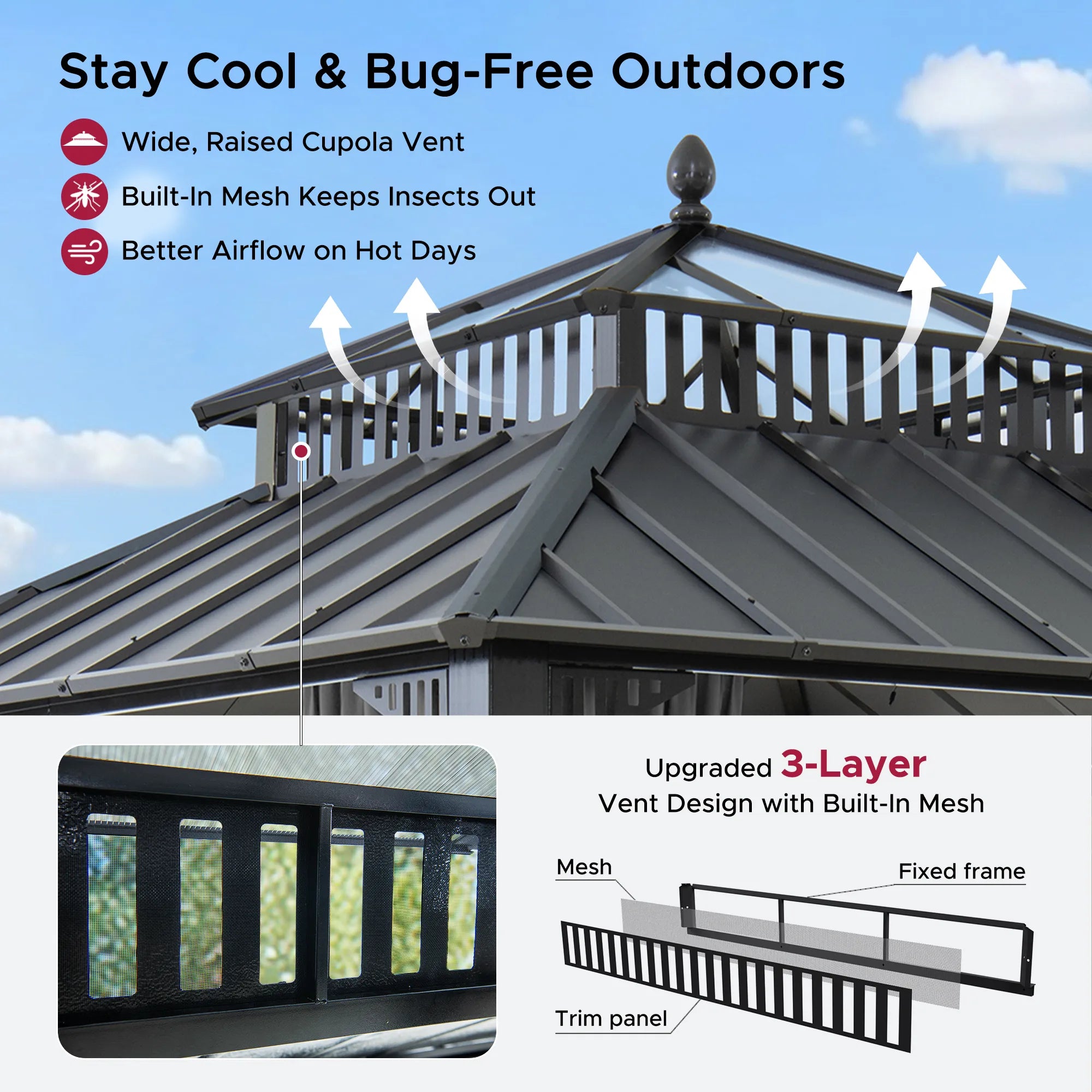 SUNJOY Kingston 10x10 Gazebo with Netting & Curtain | Steel Roof with Extra-Tall & Oversized PC Vent Top - Gray Aluminum Posts