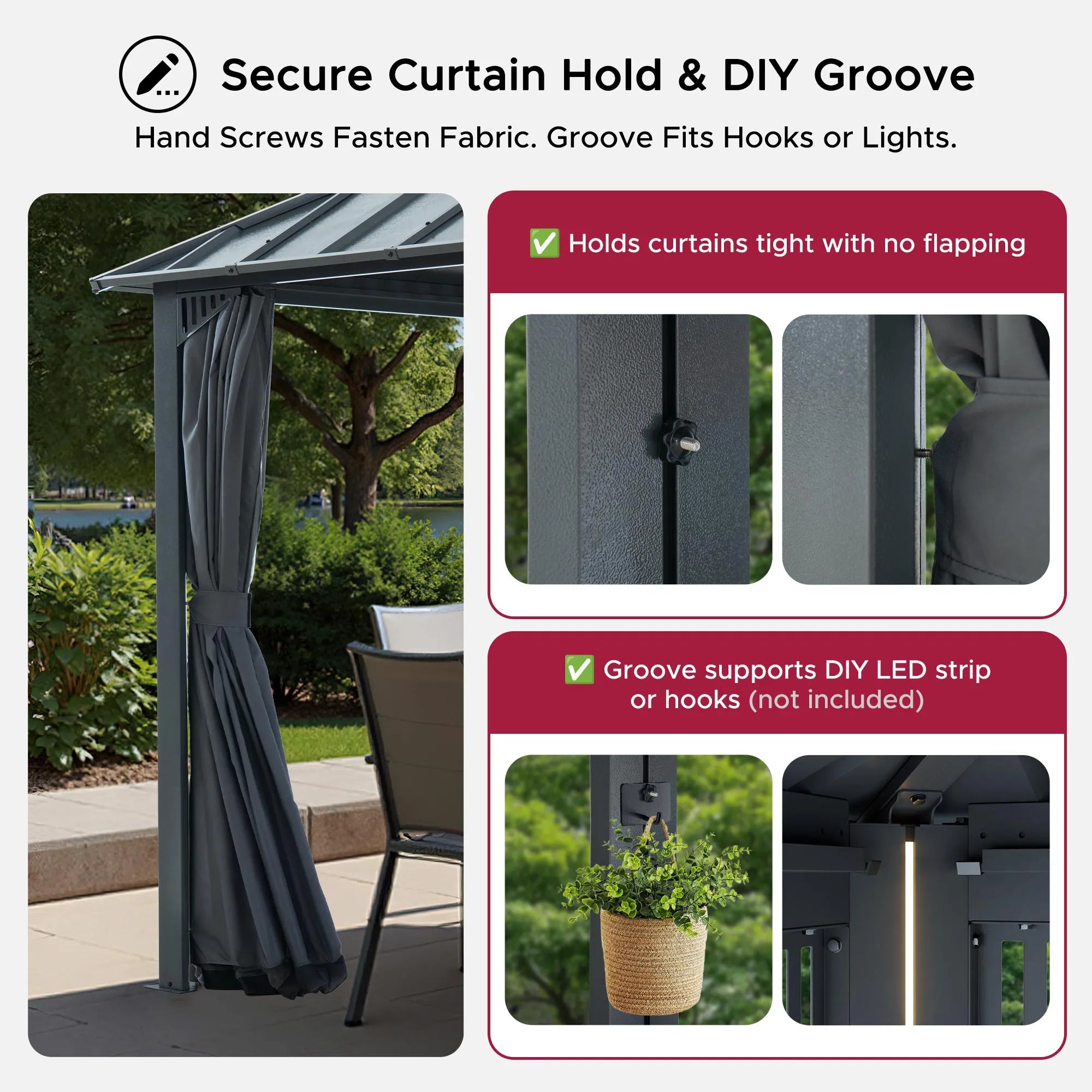SUNJOY Kingston 10x10 Gazebo with Netting & Curtain | Steel Roof with Extra-Tall & Oversized PC Vent Top - Gray Aluminum Posts