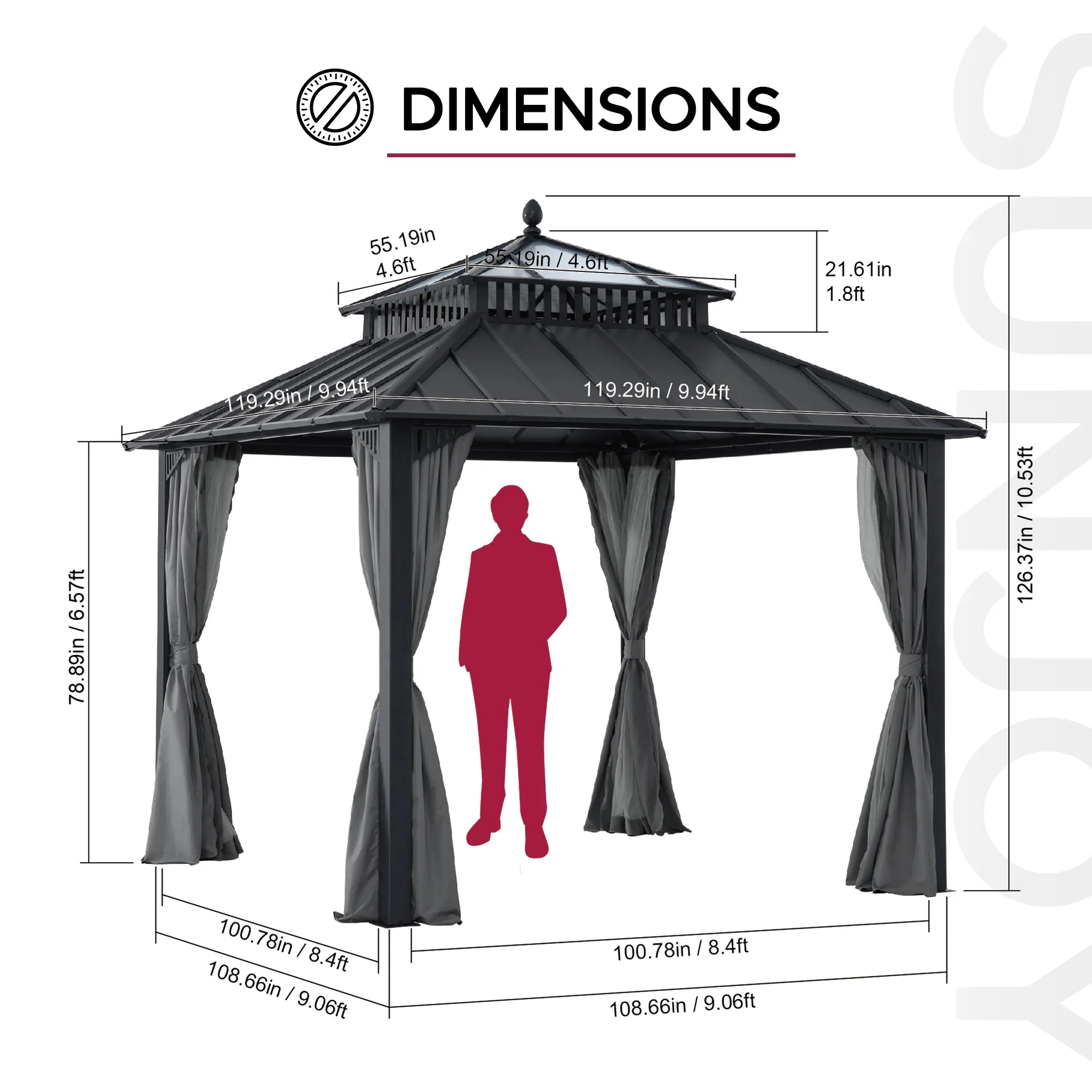SUNJOY Kingston 10x10 Gazebo with Netting & Curtain | Steel Roof with Extra-Tall & Oversized PC Vent Top - Gray Aluminum Posts